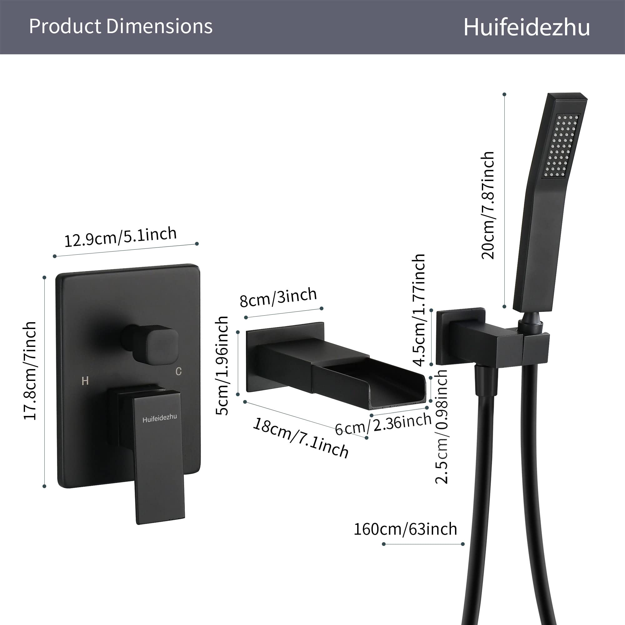 Wall Mount Black Waterfall Bathtub Faucet with Hand Shower Sprayer - Single Handle Brass Tub Filler with Valve for Modern Bathroom Luxury (Perfect for Spa-Like Relaxation and Elegant Bathroom Upgrades)