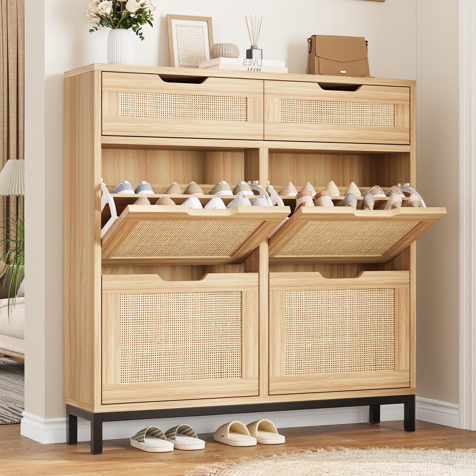 Rattan Shoe Storage Cabinet with 4 Flip Drawers - Narrow Wooden Shoe Organizer for Entryway, Hallway & Foyer - Free Standing Hidden Shoe Cabinet for Small Spaces - Perfect for Apartments, Dorm Rooms & Closets