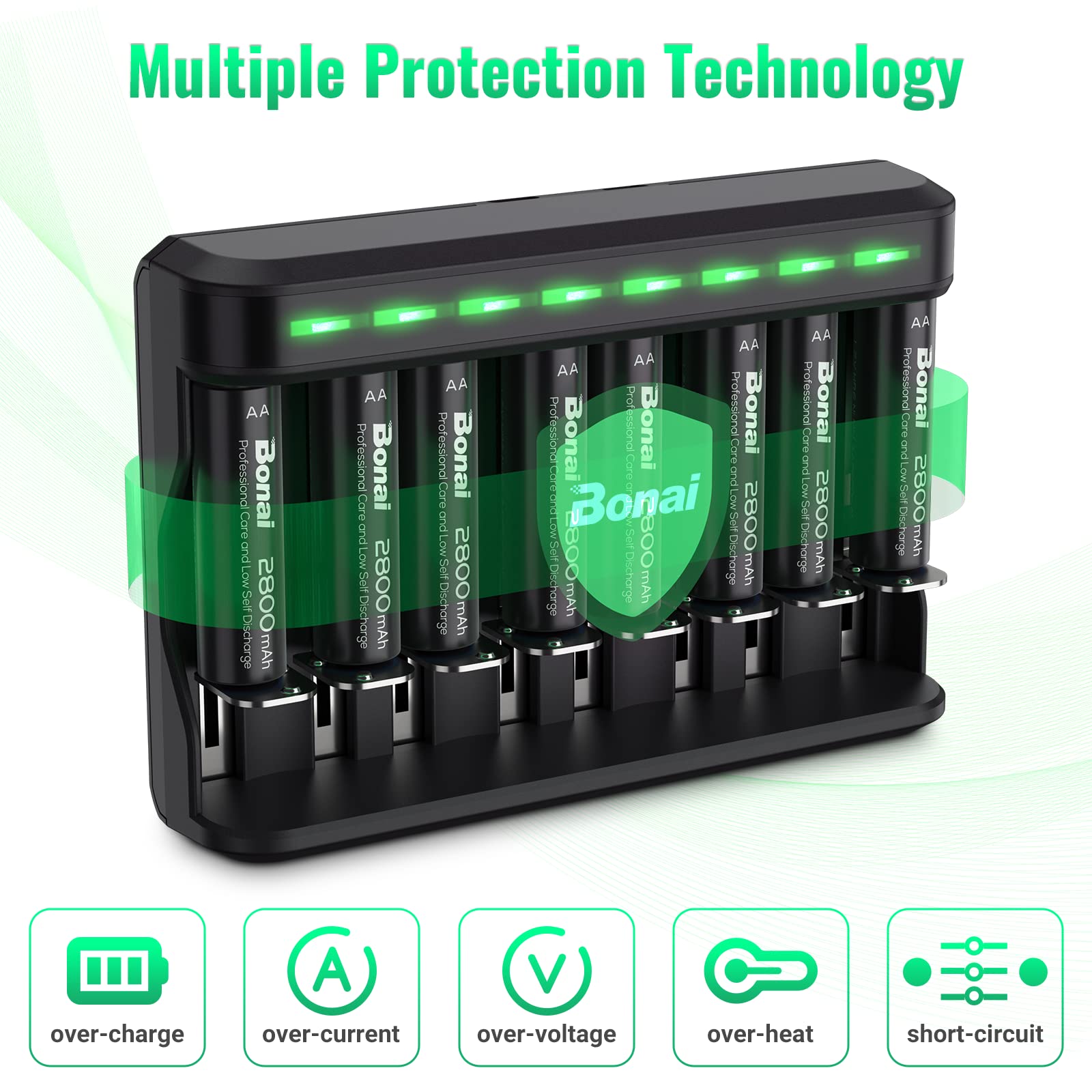 BONAI 8-Pack 2800mAh Rechargeable AA Batteries with Independent Slot Charger - Compatible with AA AAA C D NiMH Batteries - Perfect for Cameras, Toys, Flashlights & Electronics