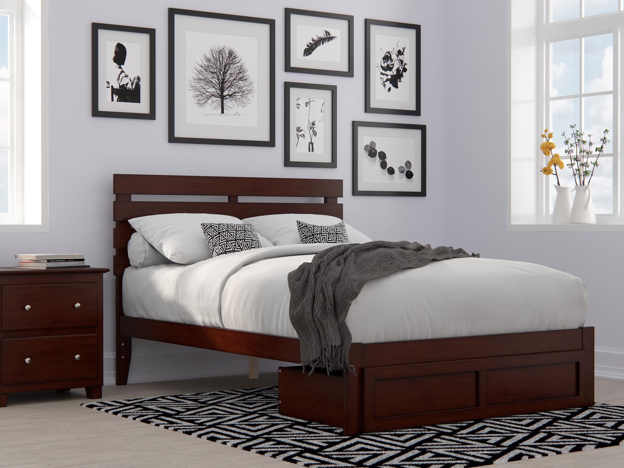 AFI Oxford Full Size Platform Bed Frame with Foot Drawer & USB Charging Station - Solid Walnut Wood - Modern Bedroom Furniture for Small Spaces & Studio Apartments