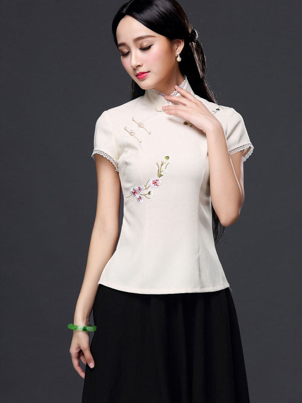 Elegant Beige Pink Embroidered Qipao Cheongsam T-Shirt | Vintage Chinese Style Blouse | Perfect for Tea Parties, Cultural Events & Photoshoots