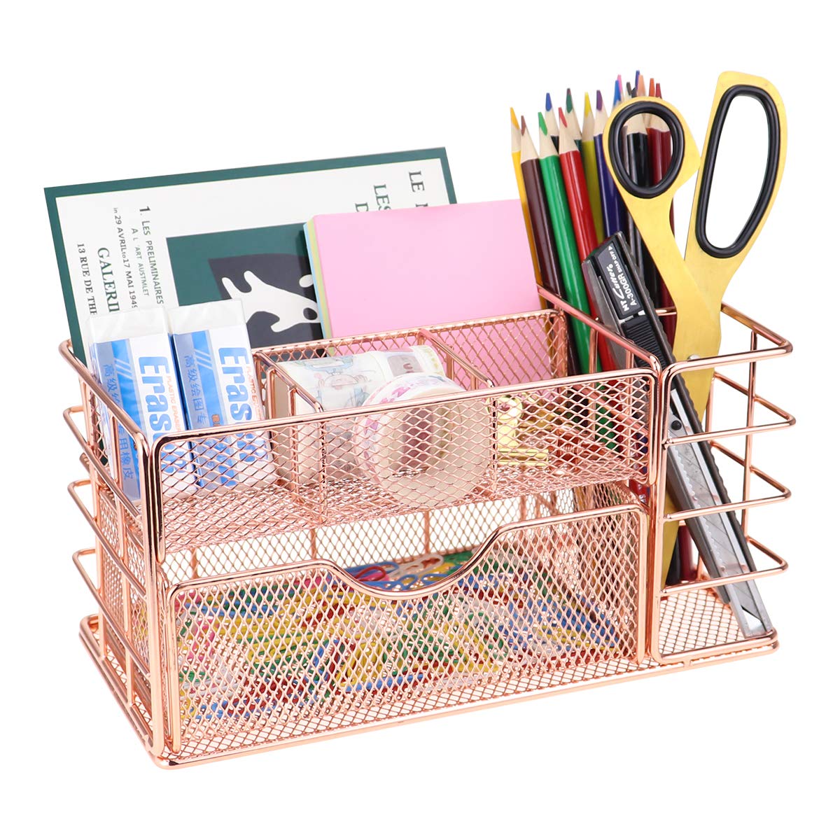 LEORISO Rose Gold Mesh Desk Organizer with Drawer - Metal Office Supplies & Makeup Organizer - Multifunctional Desktop Storage for Home, Office, School - Perfect for Makeup Brushes, Pens, Stationery & Office Accessories