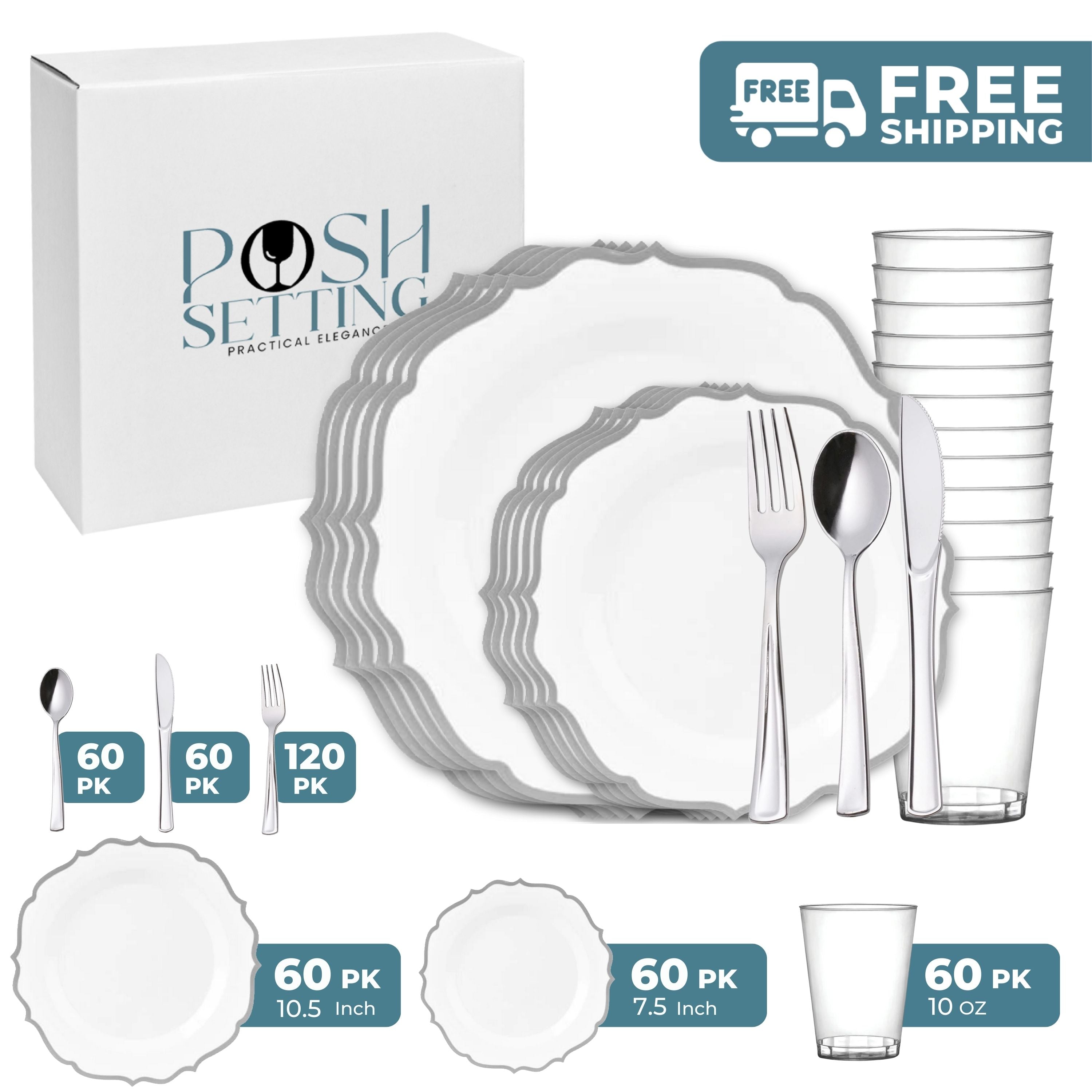 White and Silver Plastic Party Bundle - Elegant Disposable Tableware Set for Weddings, Birthdays & Events - Perfect for Celebrations, Gatherings & Special Occasions