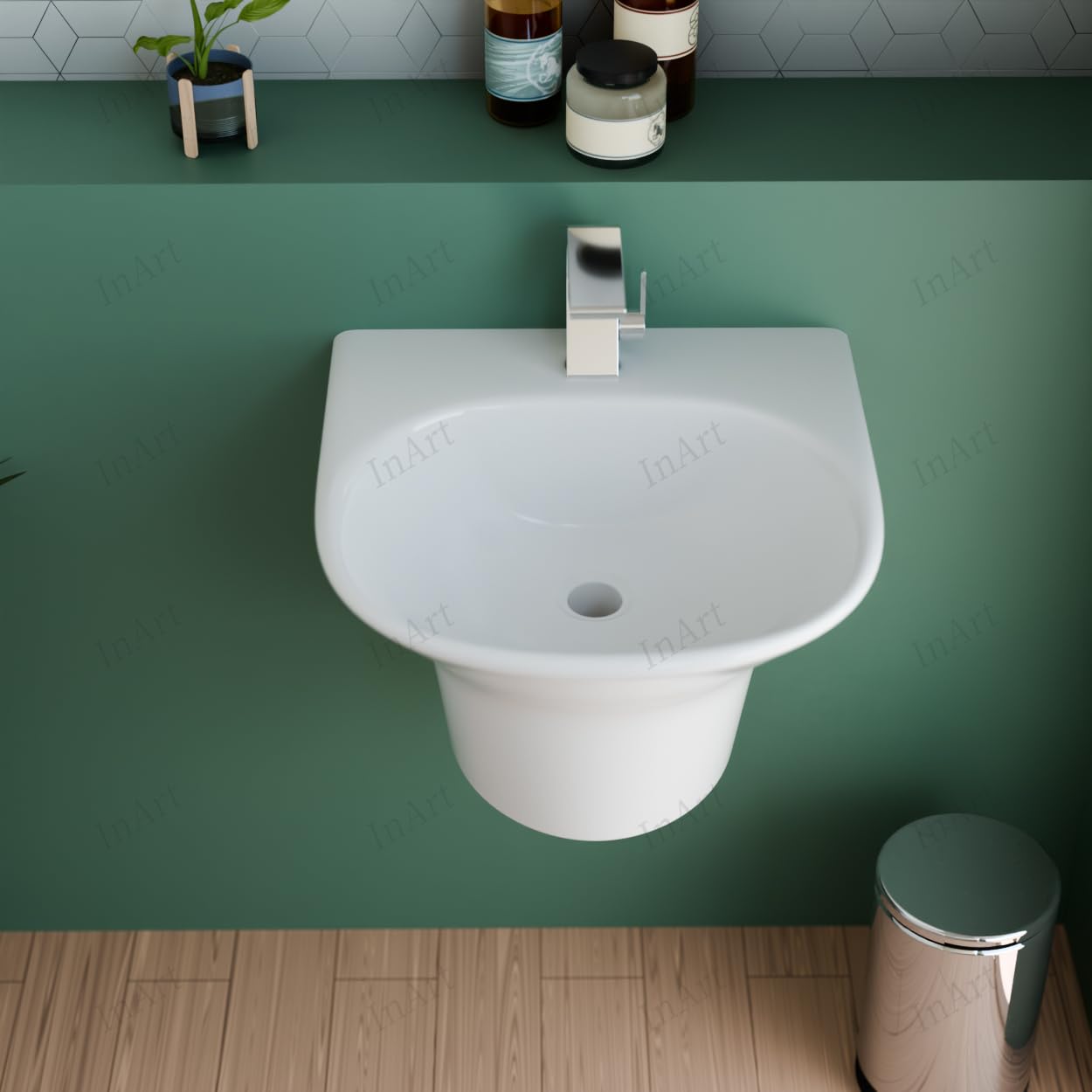 Premium Ceramic Half Pedestal Wall-Mounted Bathroom Sink - 14