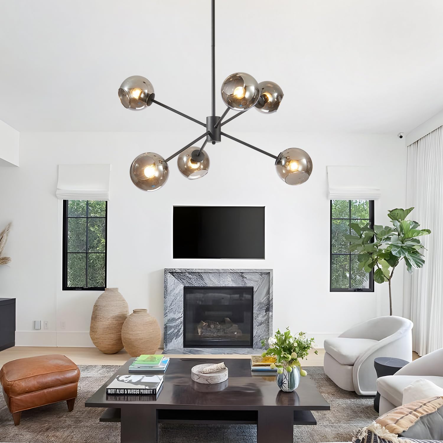 BOKT 6-Light Modern Glass Globe Sputnik Chandelier - Mid Century Matte Black Adjustable Pendant Light Fixture with Vintage Smoke Gray Balls - Perfect for Kitchen, Dining Room, Living Room & Bedroom Lighting