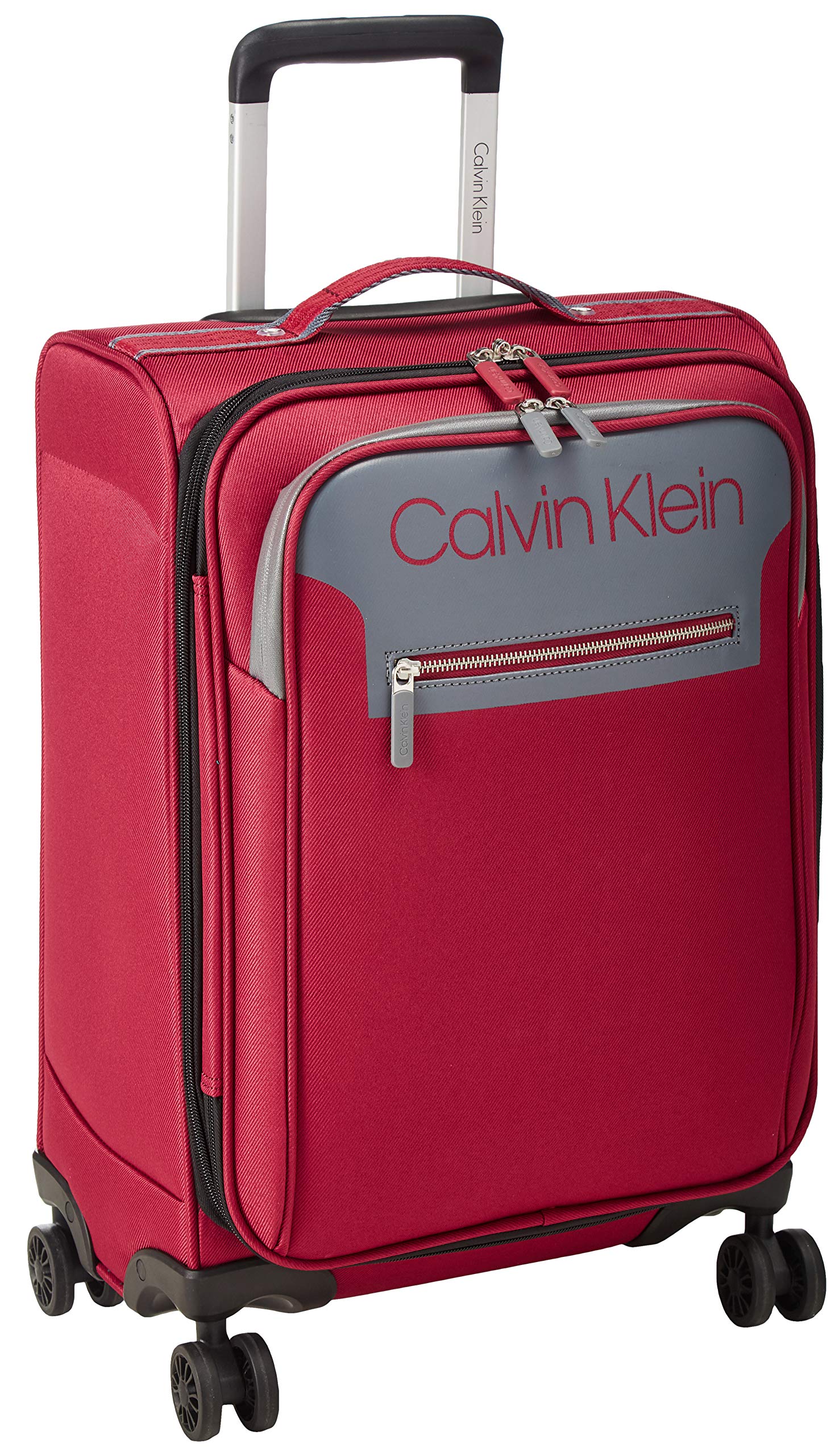 Calvin Klein 21 Inch Flare Softside Spinner Luggage - Lightweight Expandable Carry-On Suitcase with 360° Wheels, Grey/Red for Business Travel & Weekend Getaways