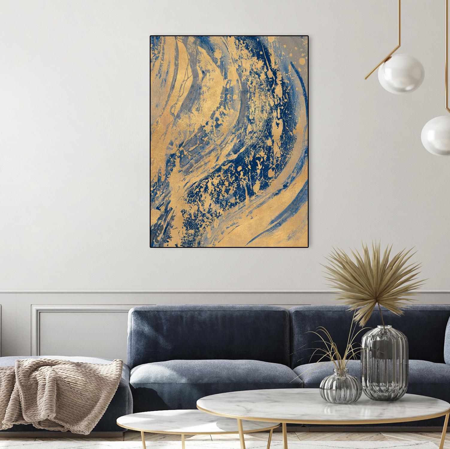 Blue and Gold Wave Print - Stylish Home Decor for Living Room, Bedroom & Office | Perfect for Wall Art, Throw Pillows & Curtains