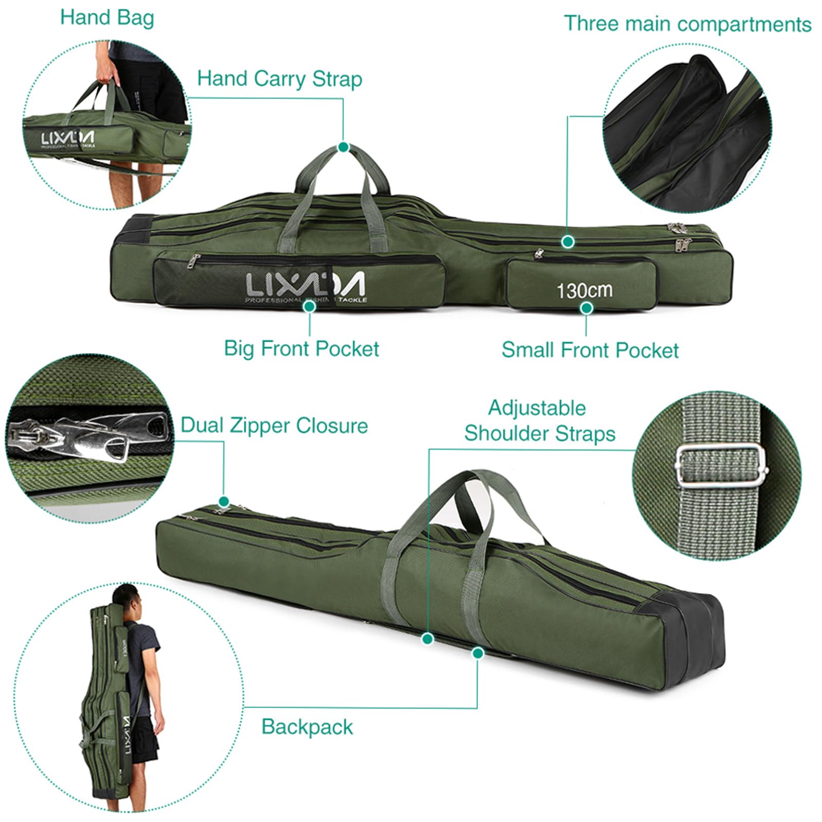 Lixada 3-Layer Oxford Fishing Rod Case - Portable Folding Fishing Bag for Rod, Reel & Tackle Storage (130cm/150cm) | Durable Travel Carrier for Freshwater & Saltwater Fishing Trips