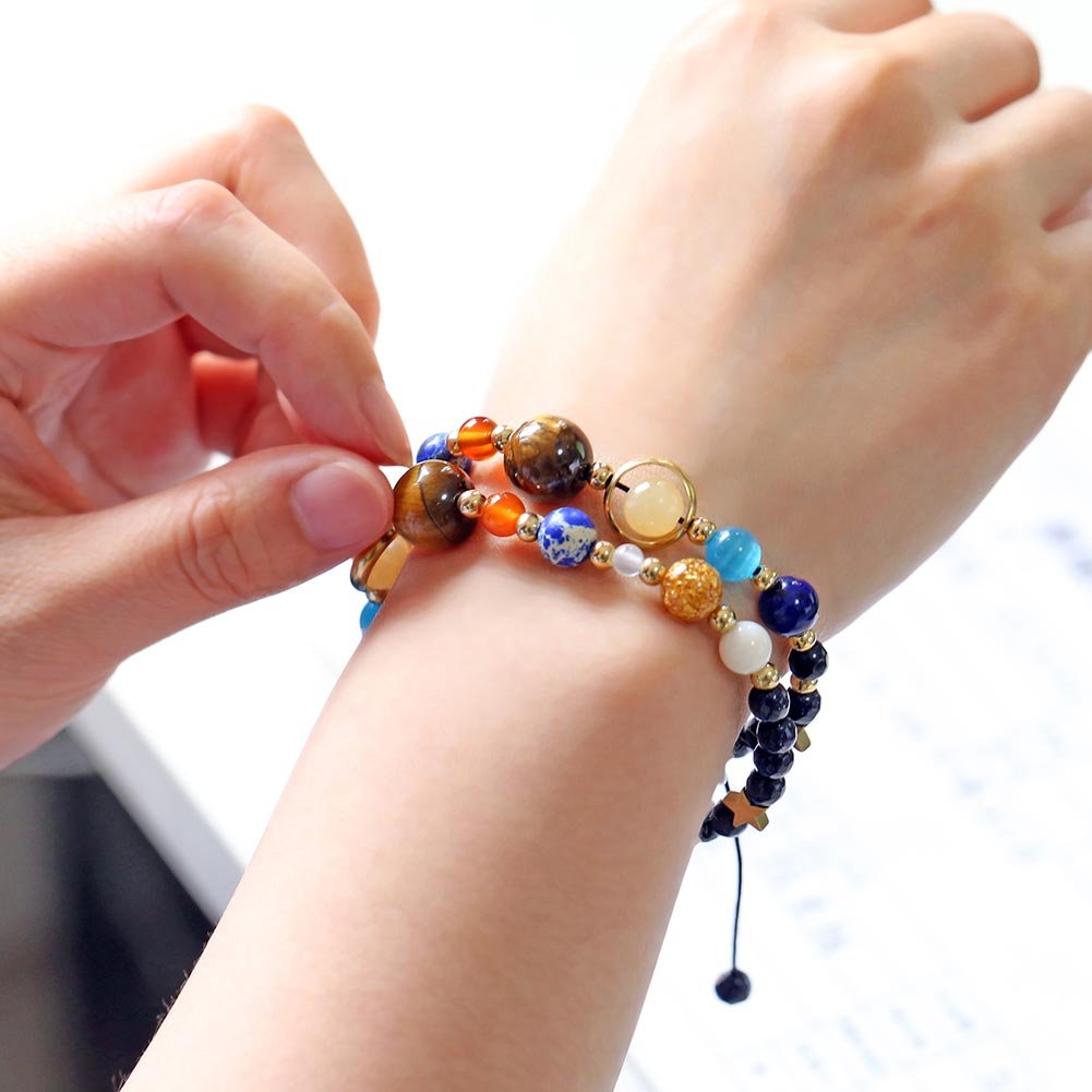 Natural Stone Beads Bracelet - Solar System Galaxy Themed Adjustable Yoga Bracelet for Men & Women - Blue Sandstone Guardian Star Bangle - Perfect for Meditation, Yoga, and Spiritual Healing