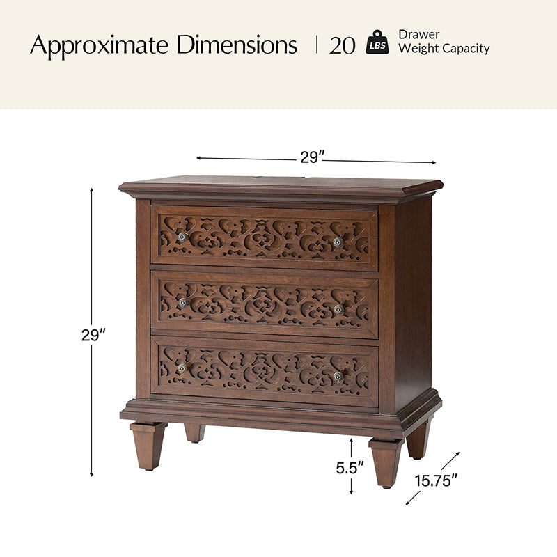 3-Drawer Nightstand with Built-In USB Outlets & Power Strip - Modern Bedside Table for Charging Devices - Perfect for Bedrooms, Guest Rooms & Small Spaces