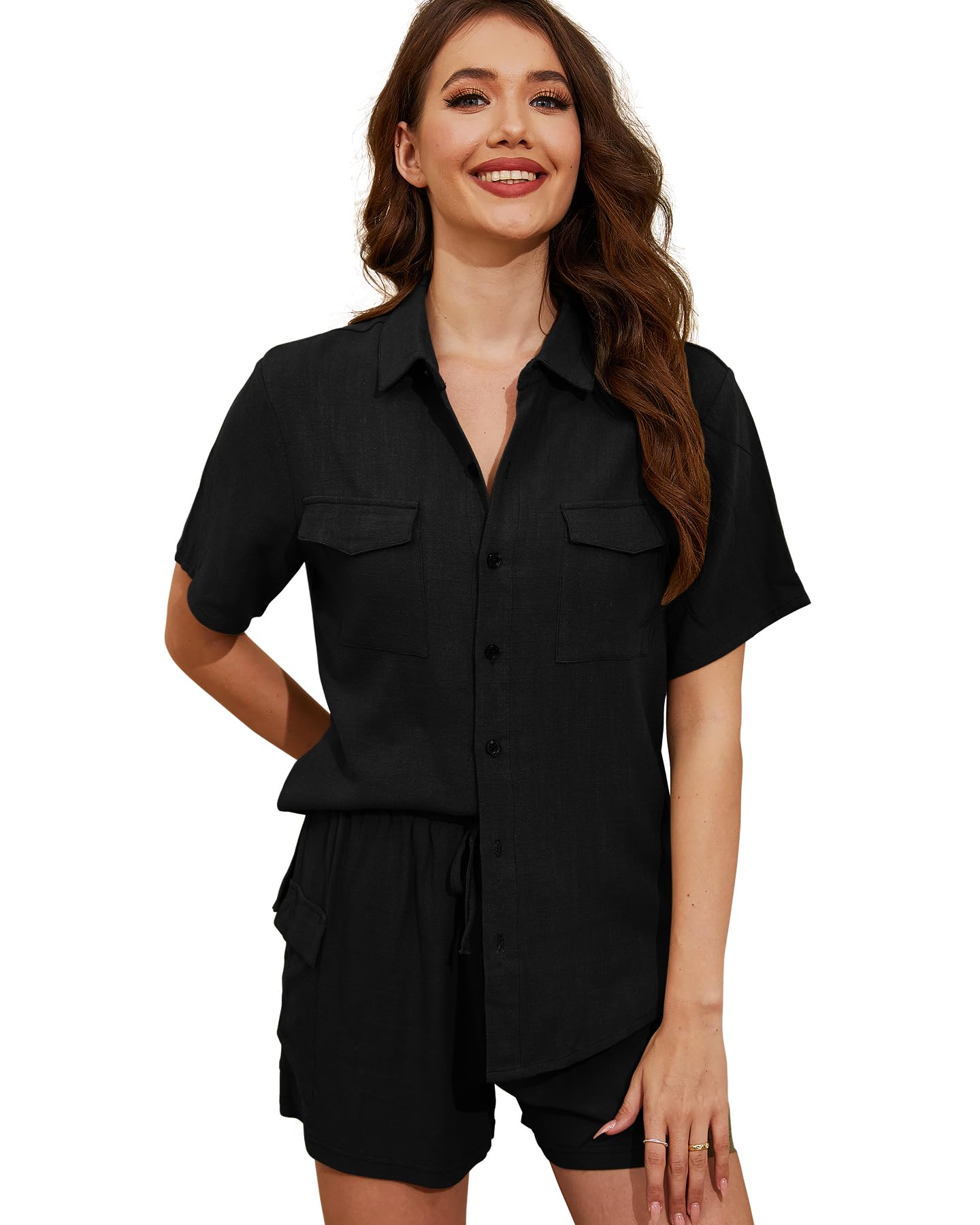 LadyJoy Women's 2-Piece Summer Outfit Set - Short Sleeve Button Down Shirt & Pockets Shorts | Lounge Wear, Vacation Outfits, Casual Beach Set