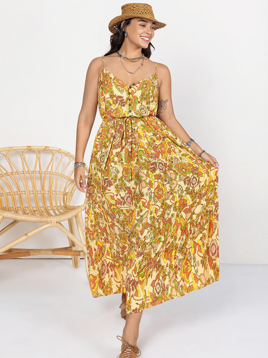 Plus Size V Neck Maxi Cami Dress for Women - Flowy Summer Beach Dress with Pockets, Elegant Casual & Party Wear for Curvy Ladies