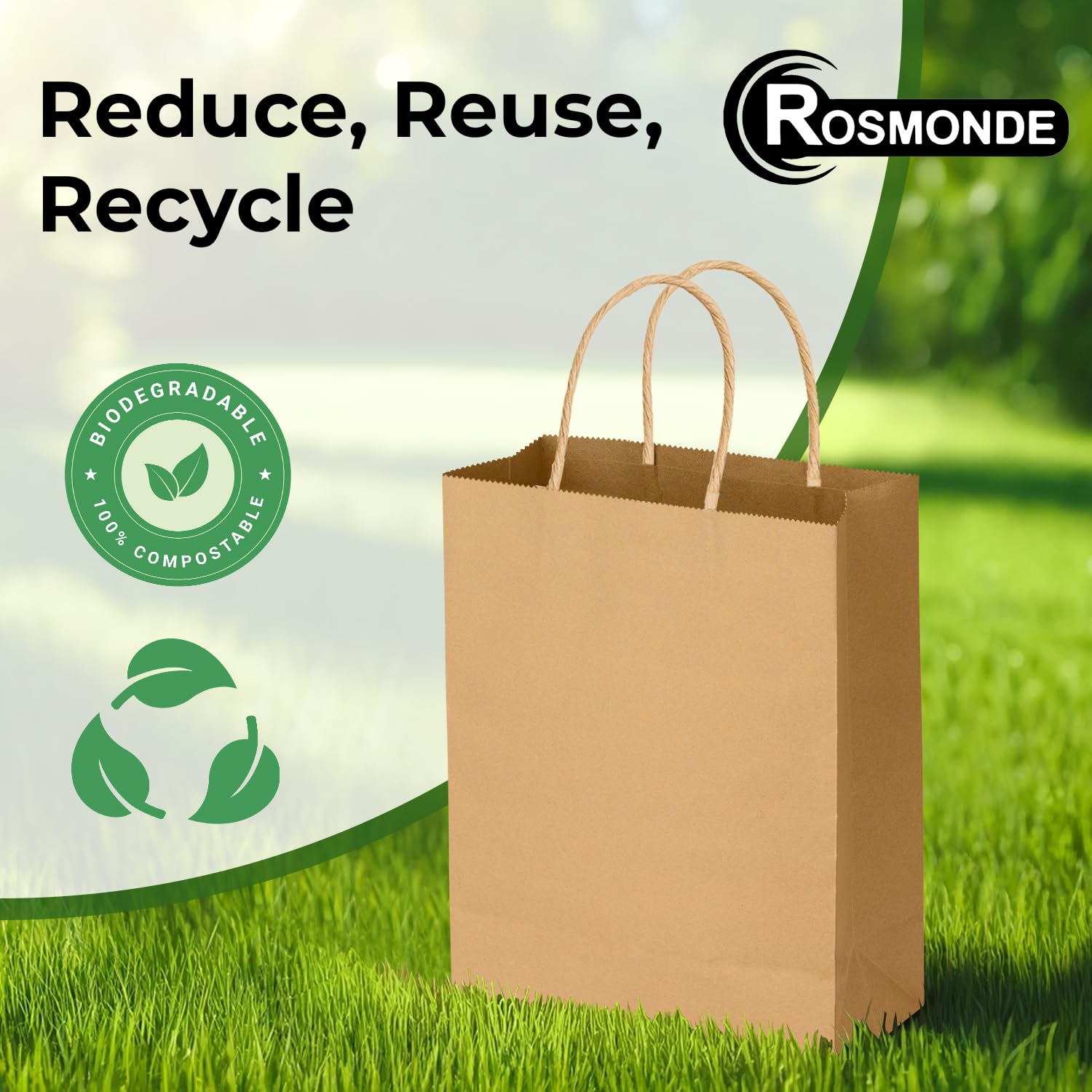 Rosmonde 400 Pack Brown Kraft Bags with Handles - Biodegradable & Heavy Duty for Retail & Gifts