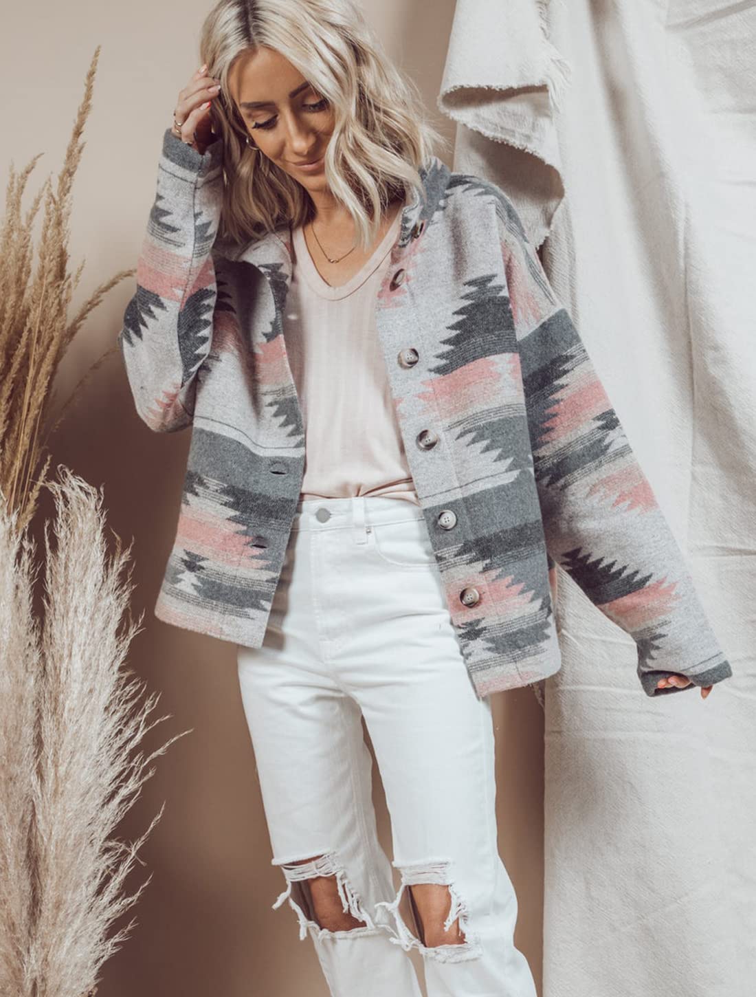 Women's Aztec Print Shacket Jacket - Loose Fit Vintage Boho Wool Blend Coat with Button Down Front - Casual Outerwear for Fall & Winter Layering