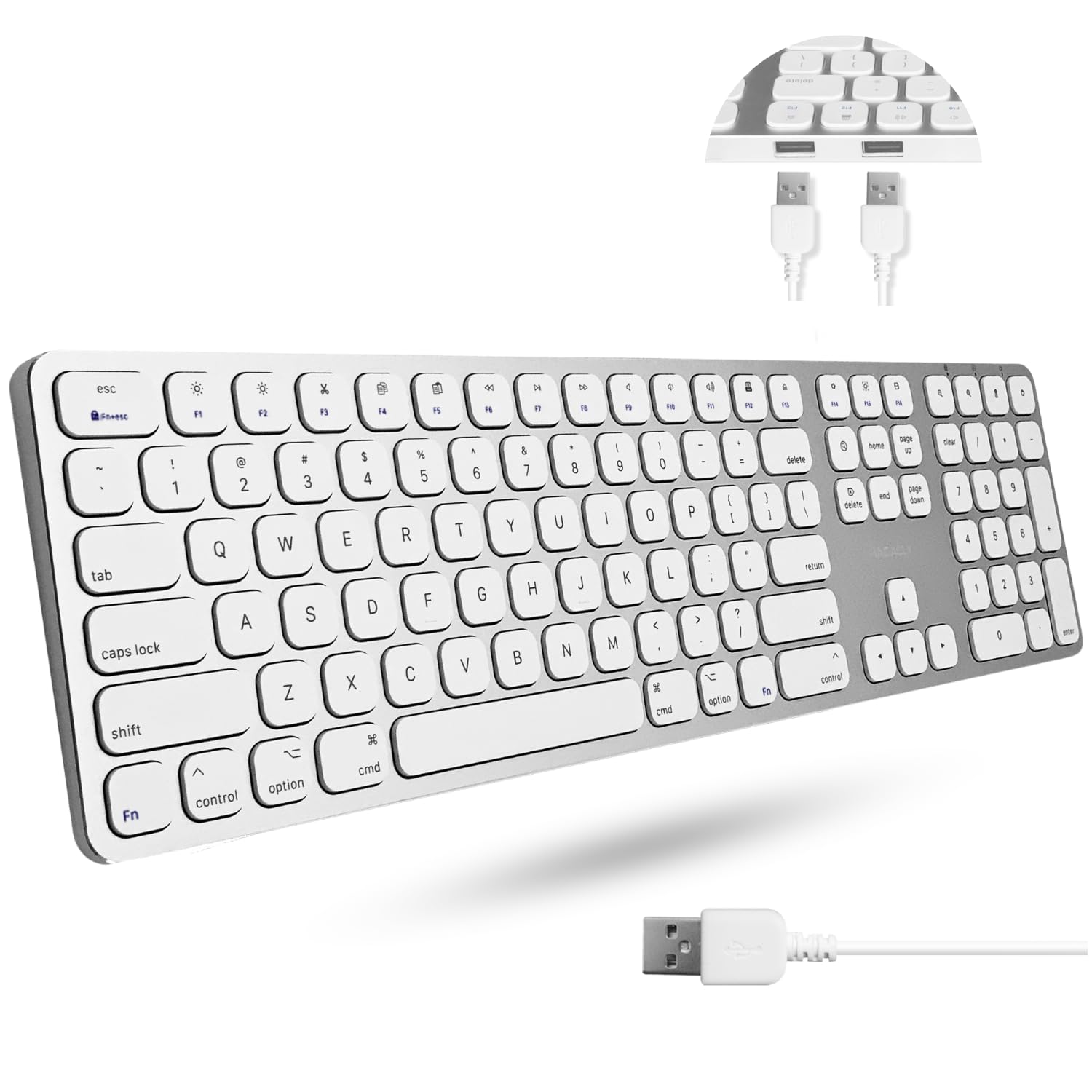 Macally Full-Size Mac Keyboard with Number Pad - USB Hub for MacBook Pro/Air (Silver) - Perfect for Office & Creative Work