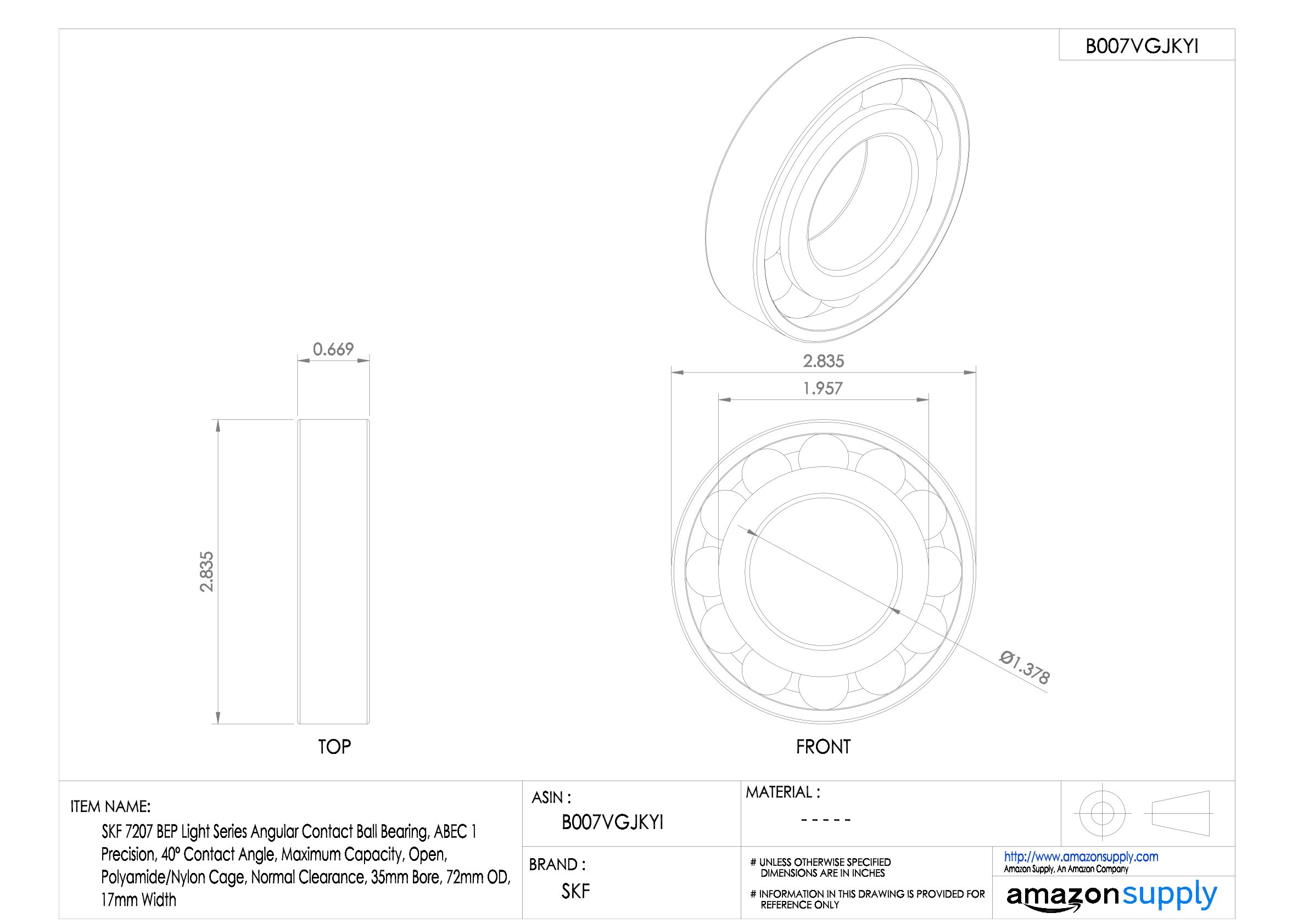 SKF 7210 BEP Light Series Angular Contact Ball Bearing - ABEC 1 Precision, 40° Contact Angle, High Capacity, Open Design with Polyamide/Nylon Cage, Normal Clearance (50mm Bore, 90mm OD, 20mm Width) - Ideal for Industrial Machinery, Automotive Applications, and High-Speed Equipment
