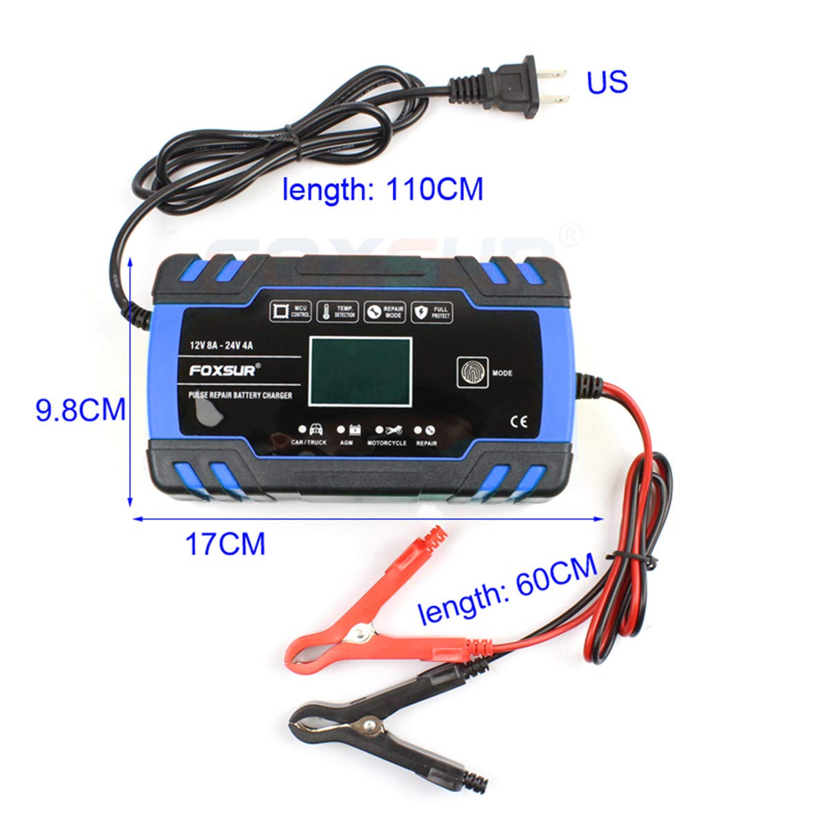 12V/24V 8A Smart Car Battery Charger with LCD - for Cars, Boats, RVs