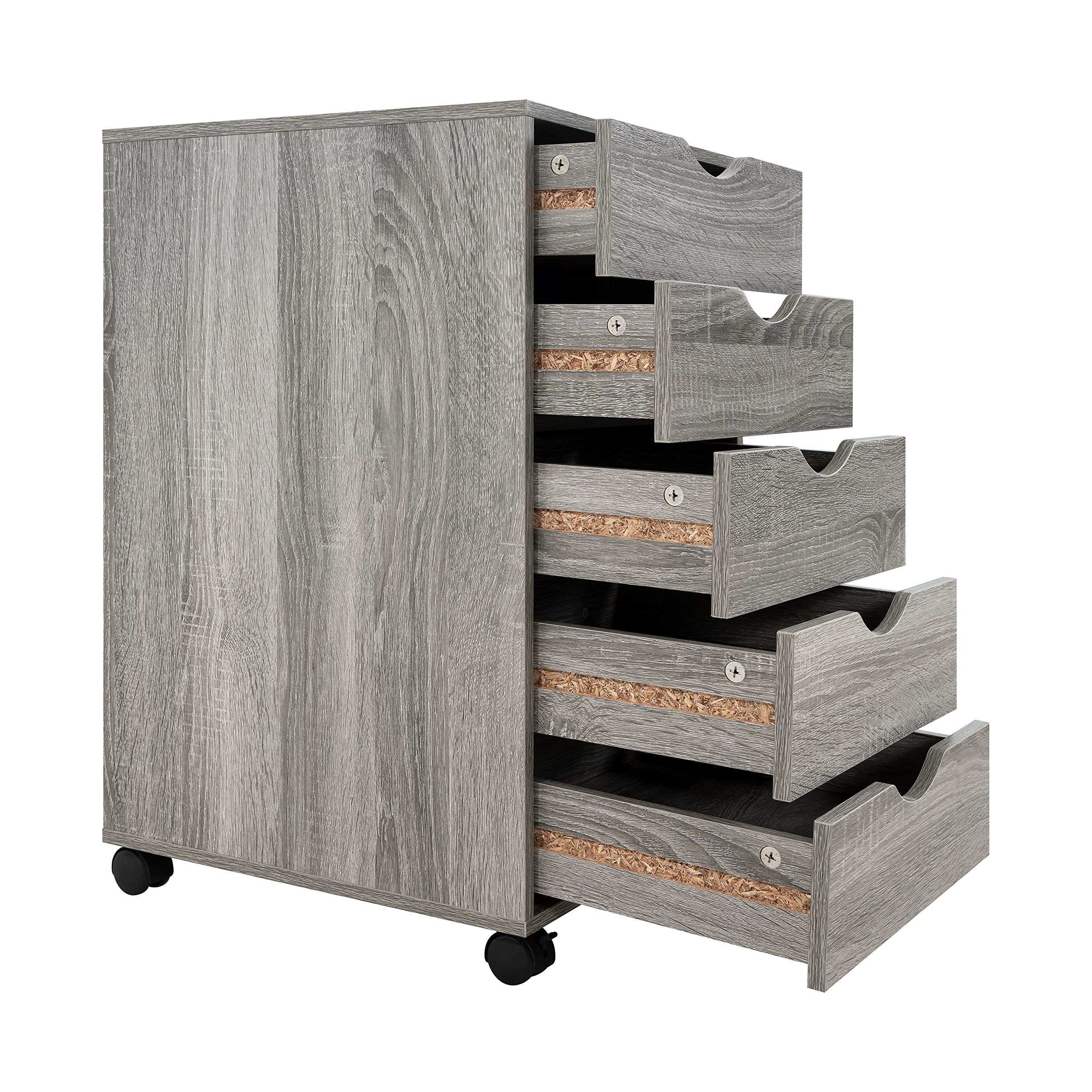 Naomi Home 5-Drawer Dresser for Bedroom - Modern Tall Chest with Wheels, Storage Shelves & 180 lbs Capacity - Gray Oak - Perfect for Closet Organization, Makeup Vanity & Small Space Storage