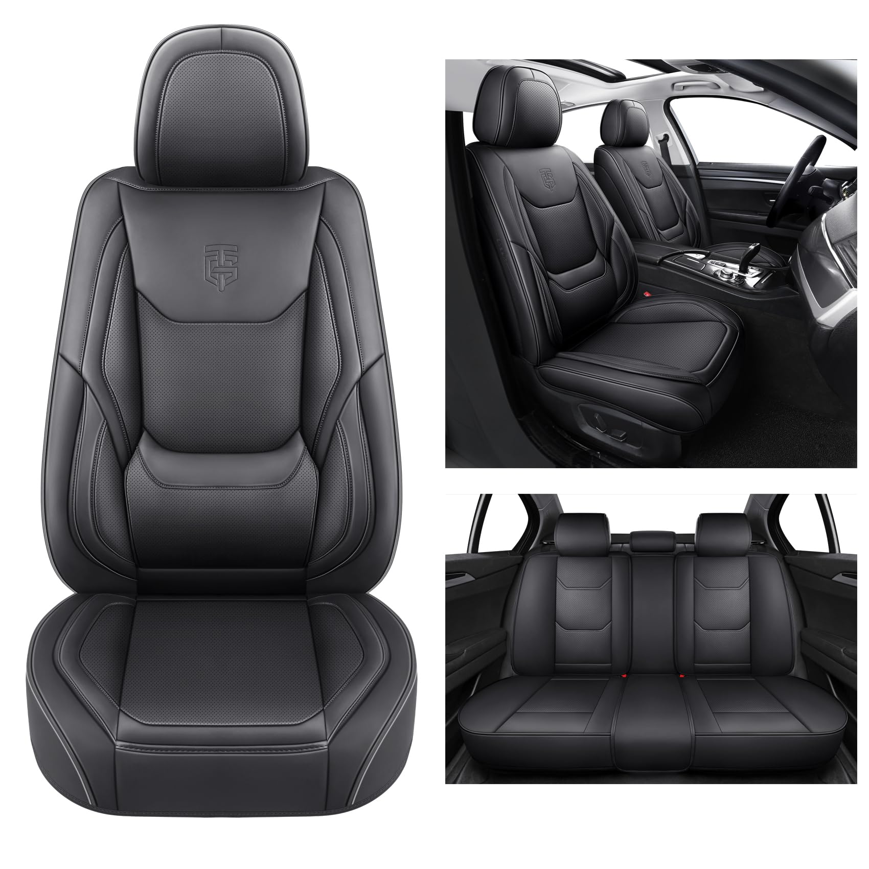 Premium Faux Leather Car Seat Covers Full Set - Universal Fit for Most Sedans & SUVs | Super Breathable, Full Wrapping Edge Design | Perfect for Daily Commute, Road Trips & Family Protection (Black)