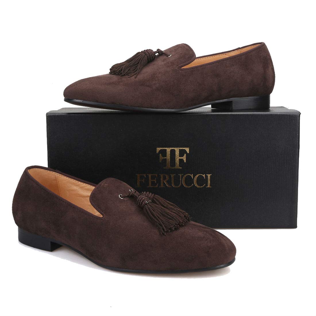 FERUCCI Men's Dark Brown Suede Loafers with Big Tassel - Comfortable House Slippers for Indoor/Outdoor Wear, Perfect for Home, Office & Casual Occasions