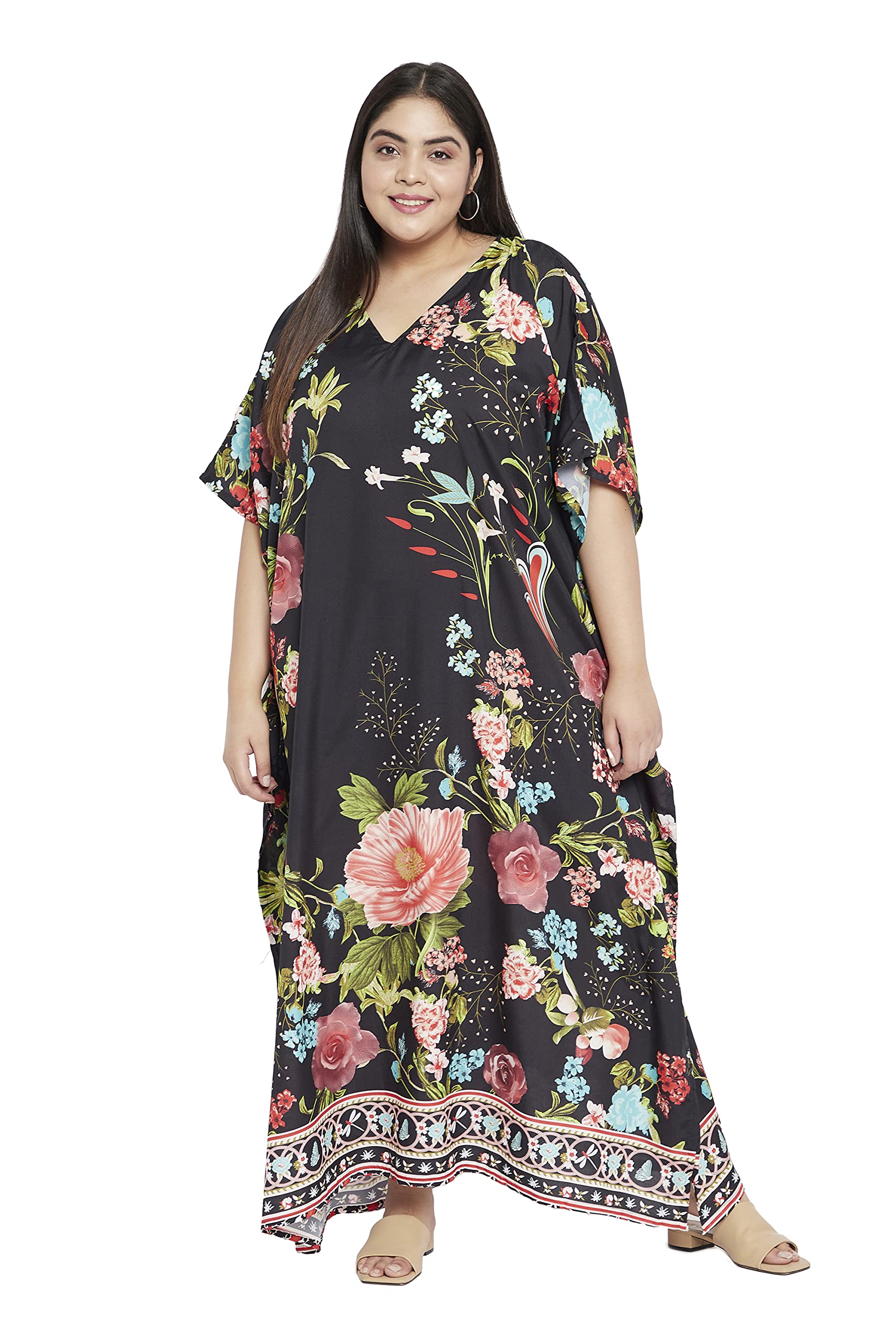 Gypsie Blu Black and White Plus Size Kaftan Dress - Flowy Long Maxi Kimono Cover Up for Beach, Pool, or Summer Vacation - Boho Chic Tunic Gown for Women (Black & White)