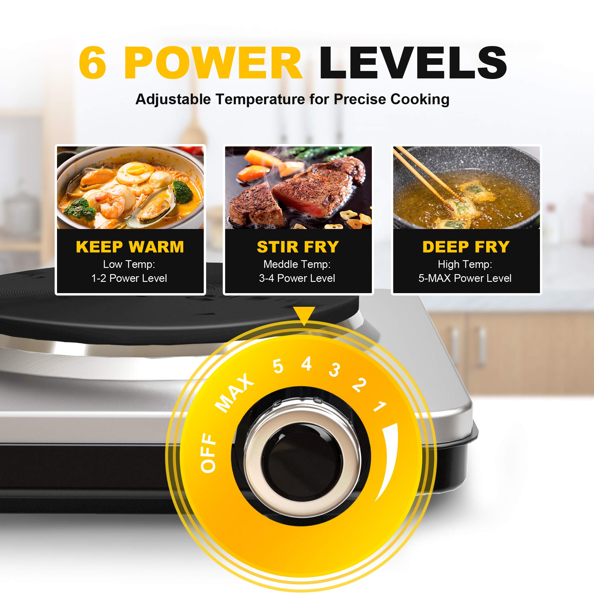1800W Portable Electric Double Burner Hot Plate - 6-Speed Adjustable Thermostat, Stainless Steel Cooktop for Kitchen, Dorm & Camping | Perfect for Small Space Cooking, RV Trips & Outdoor Adventures