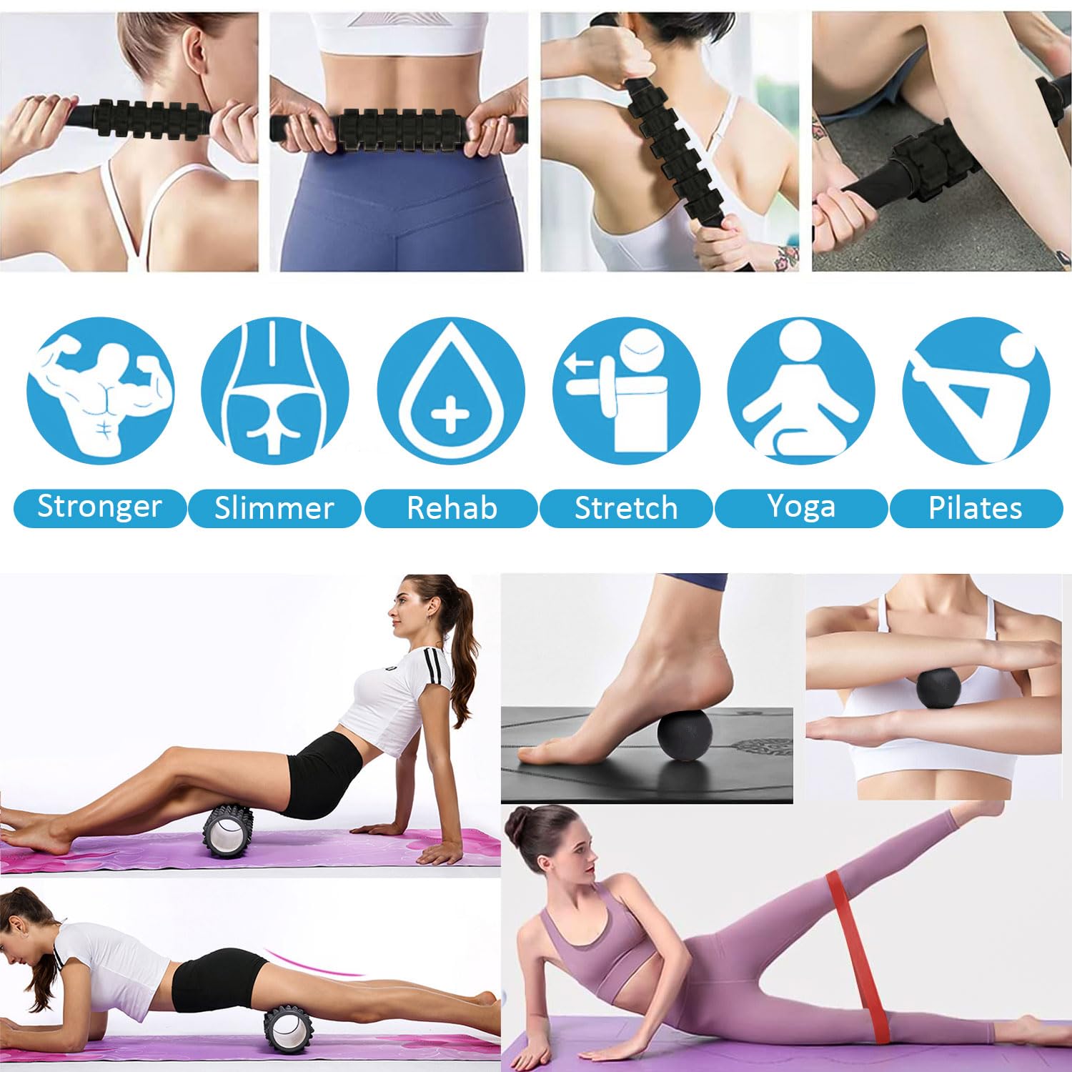 Premium 5-in-1 Foam Roller Set - High Density Muscle Massage Roller with Yoga Roller Stick, Massage Ball & Resistance Bands for Deep Tissue Pain Relief - Perfect for Back, Legs & Full Body Recovery - Ideal for Yoga, Gym Workouts & Post-Exercise Recovery (Black)
