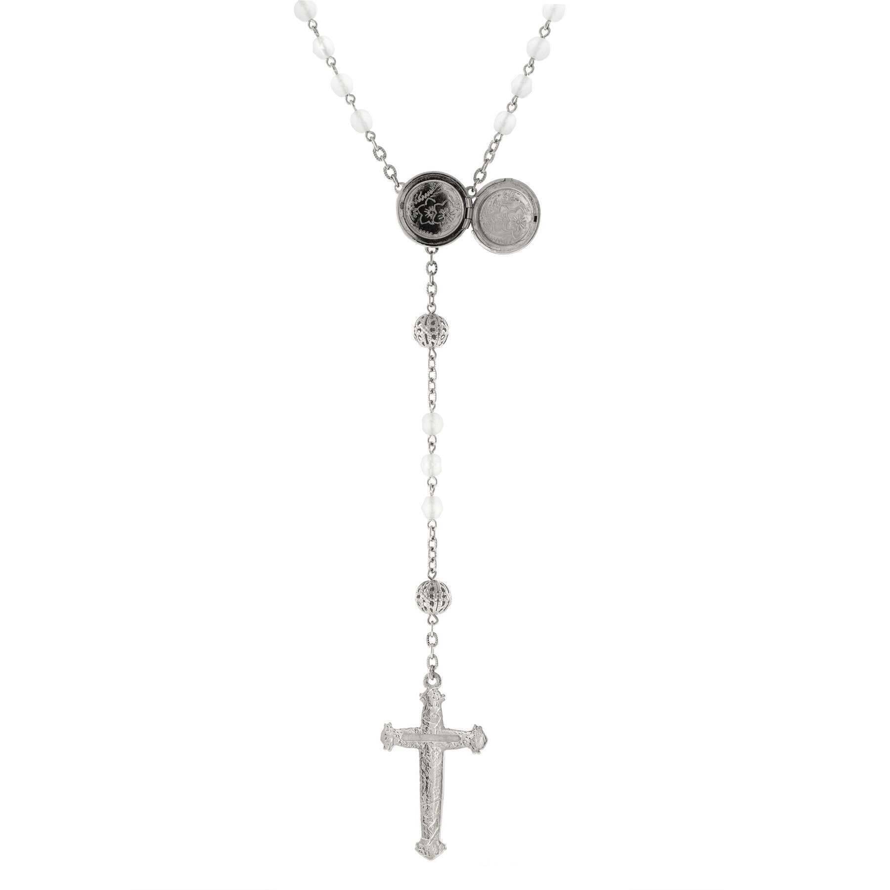 1928 Vintage Beaded Crucifix Necklace with Mary Locket - Catholic Rosary Jewelry for Women - Perfect for Prayer, First Communion & Religious Gifts