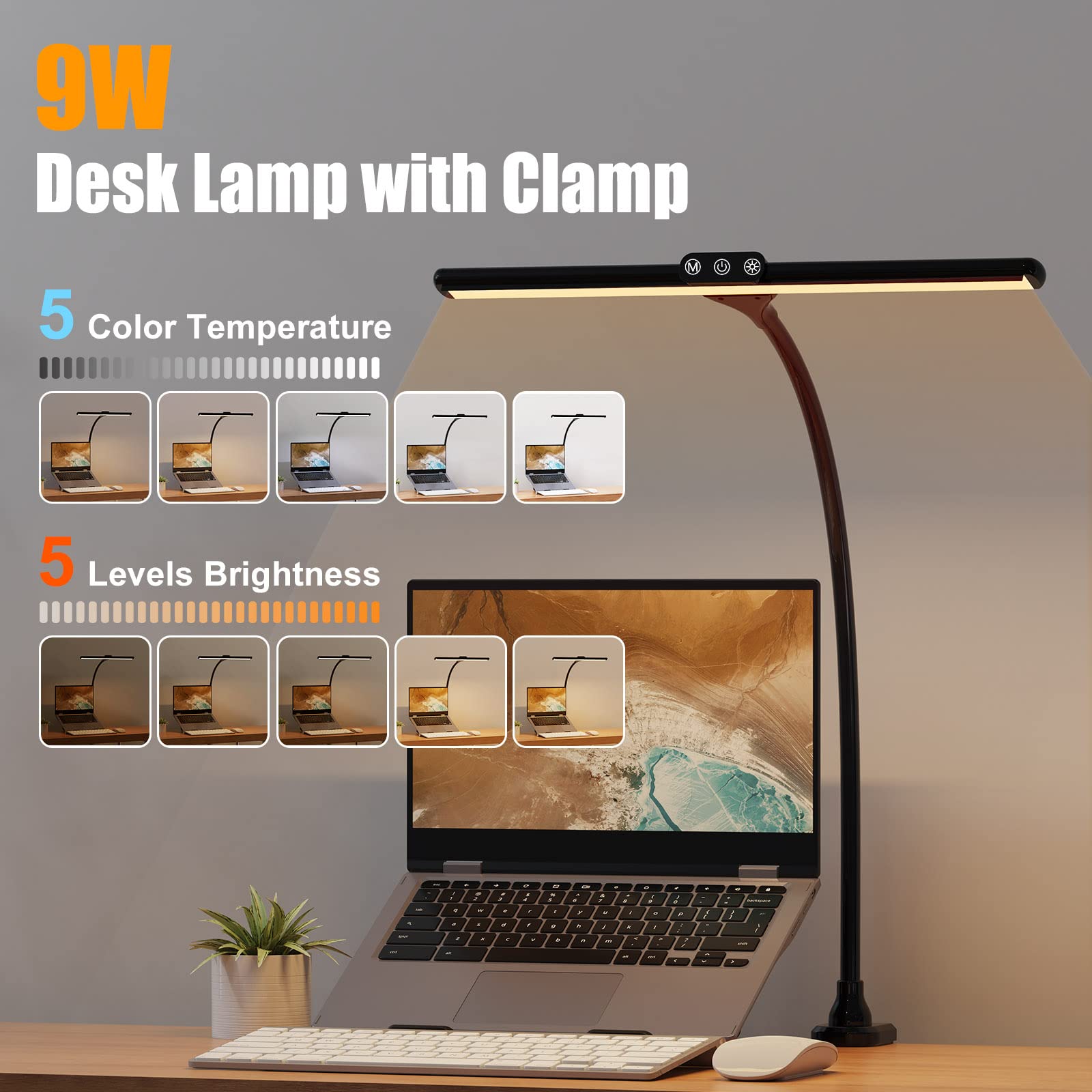 **25 Lighting Modes 9W Touch Control LED Desk Lamp with Clamp - Adjustable Gooseneck Eye-Caring Table Light for Home Office, Study, Reading, Workbench & Drafting (Black) - Perfect for Night Work, Dorm Rooms & Crafting**