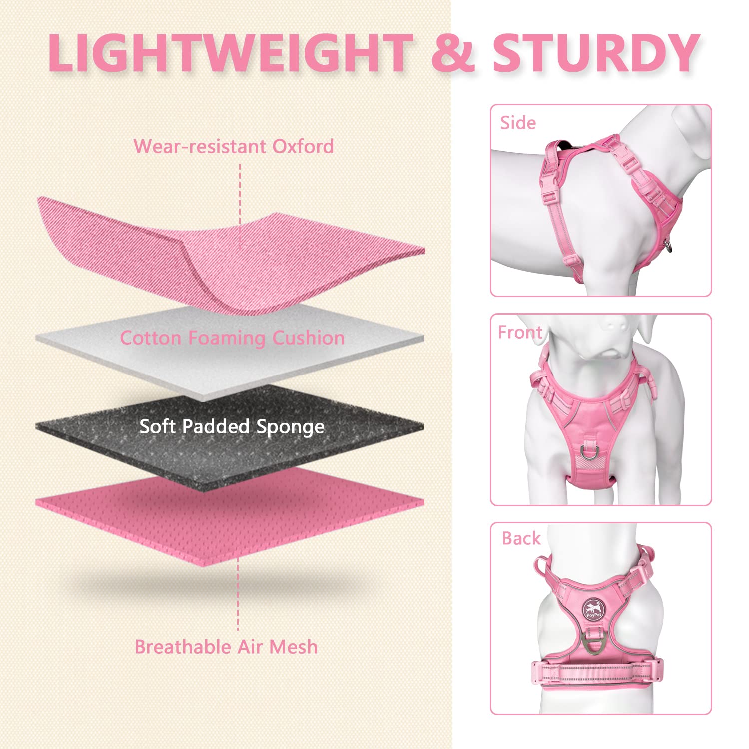 PoyPet No Pull Dog Harness - Reflective Adjustable Pet Vest with Padded Handle for Small Medium Large Dogs - Light Pink XL - Perfect for Walking, Training & Nighttime Safety
