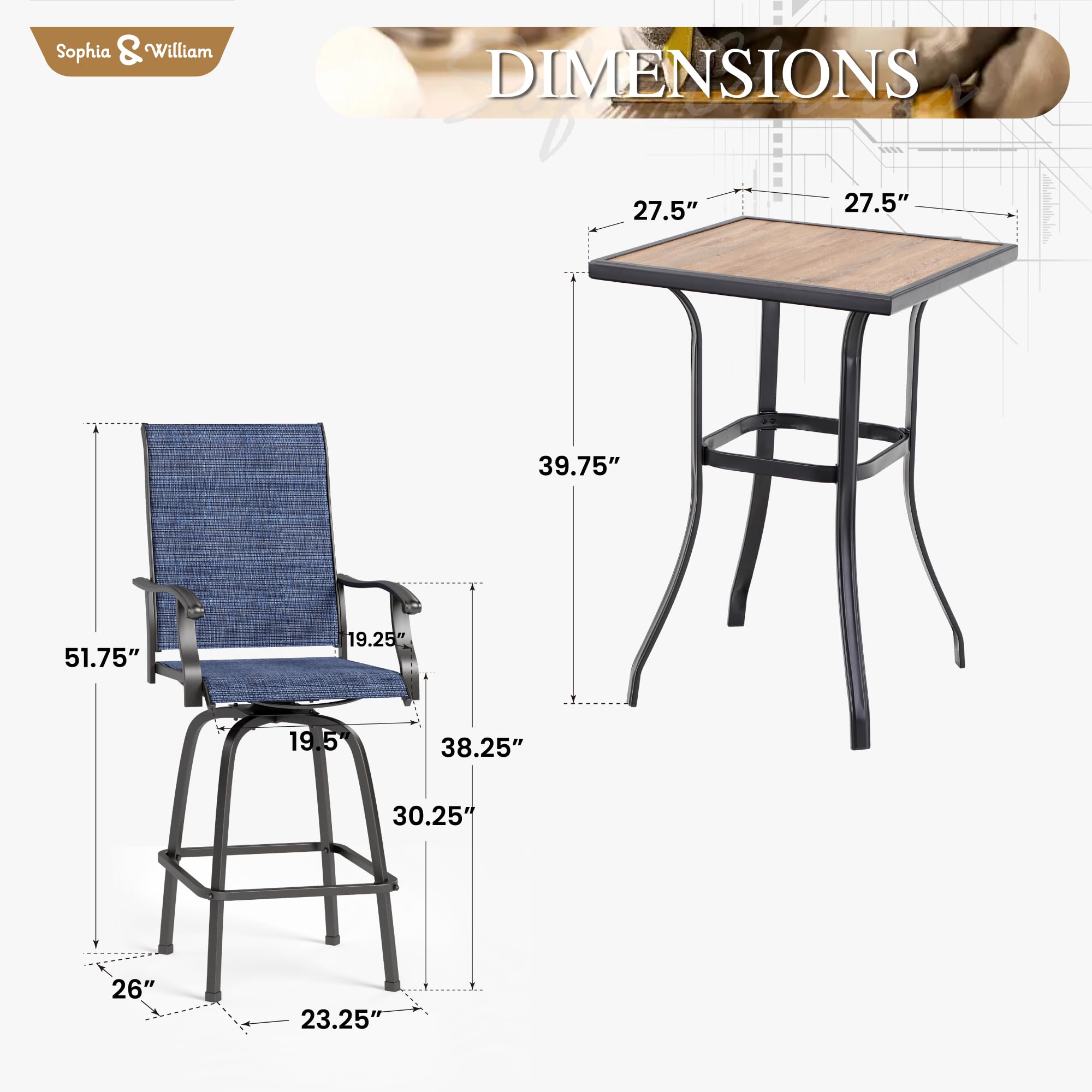 **Sophia & William Outdoor Bar Set - 2 Swivel Bar Chairs (Blue) & 1 Square Bar Table (Wood-Like) - Patio Furniture for Backyard, Deck, or Poolside Relaxation**