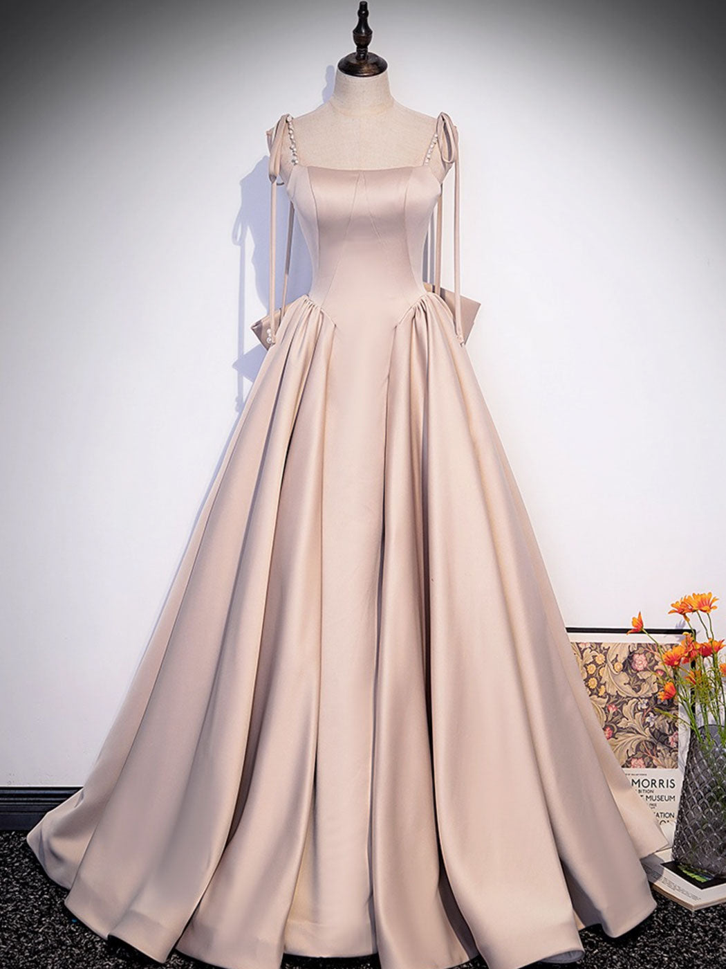 Elegant Champagne A-Line Satin Long Prom Dress for Women - Formal Evening Gown for Homecoming, Ball, Wedding & Special Occasions