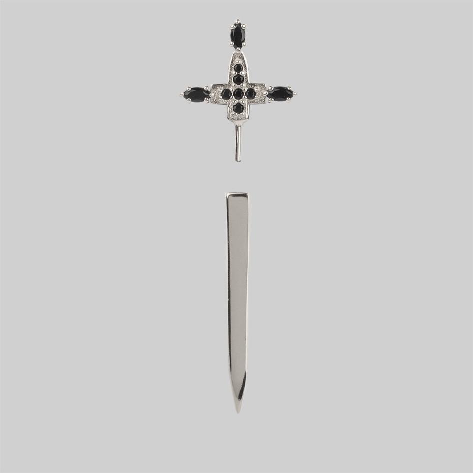 Black Spinel Silver Dagger Single Earring for Women - Gothic Punk Jewelry for Halloween, Cosplay, and Night Out Accessories