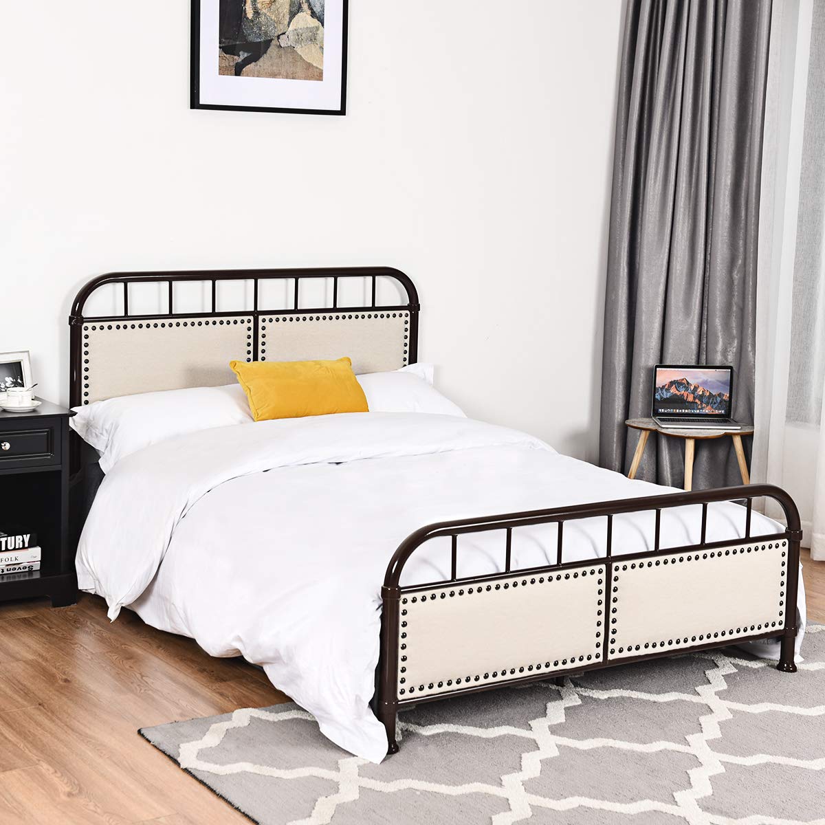 Giantex Full Size Metal Bed Frame with Upholstered Headboard & Footboard - Heavy Duty Platform Bed with Non-Slip Slat Support, Mattress Foundation - Chocolate Brown - Perfect for Bedroom, Guest Room, Dorm & Apartment