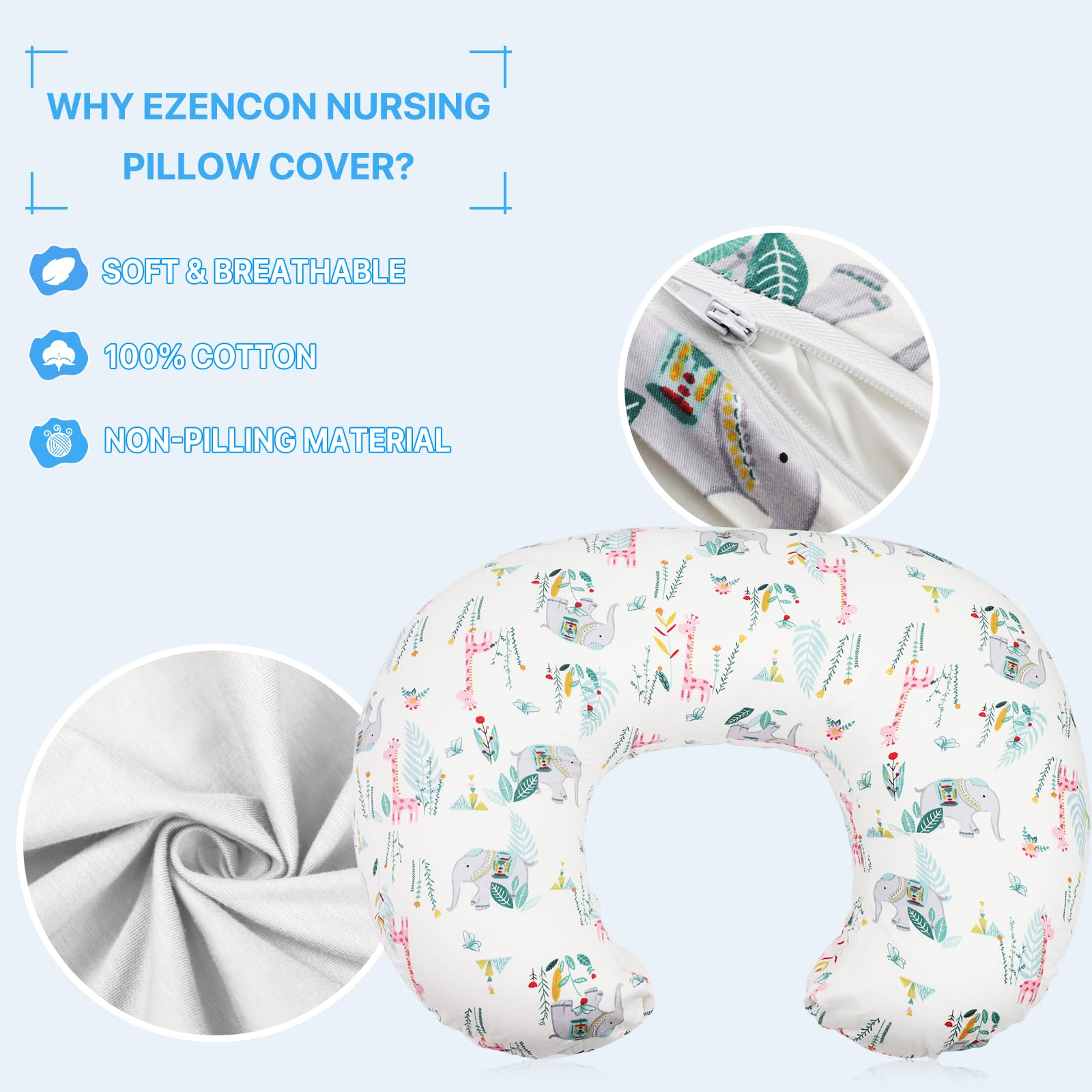 Soft Cotton Nursing Pillow Cover for Breastfeeding - Breathable Slipcover Fits Standard Nursing Pillow & Positioner (C-Elephant-1) - Perfect for New Moms, Baby Girls & Boys at Home or On-the-Go