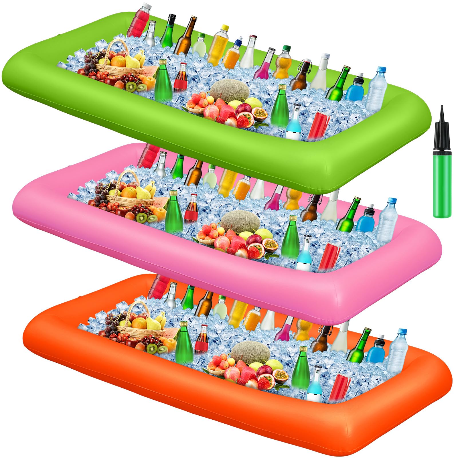 **Leitee 3-Piece Inflatable Serving Bar & Ice Buffet Tray with Drain Plug - Portable Drink Cooler for Pool Parties, BBQs & Outdoor Events (Orange, Pink, Green) - Includes Hand Pump**