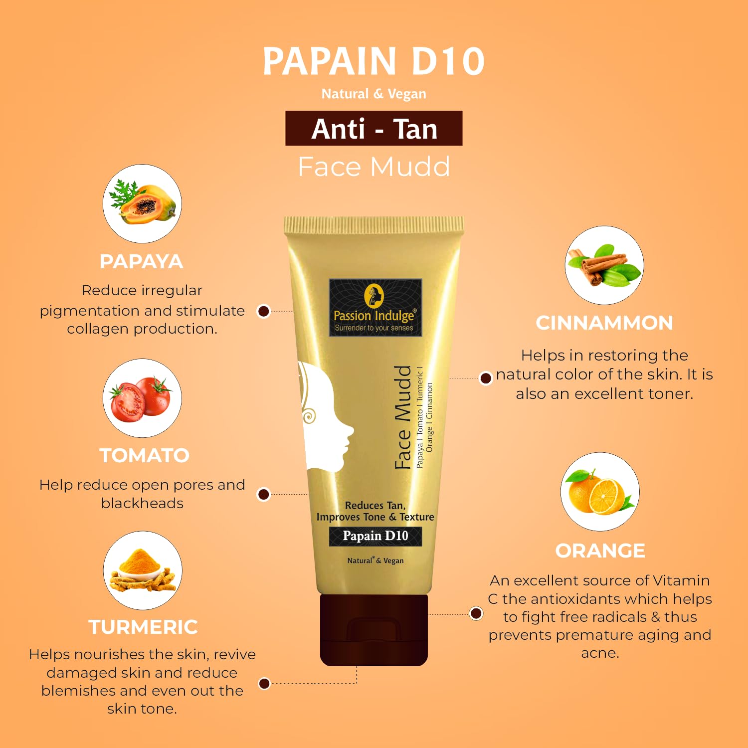 Passion Indulge Papain D10 Natural Face Mud Mask for Tan Removal & Brightening | 100% Natural Vegan Skincare | Aromatherapy Facial Treatment | PETA Certified (100g) - Perfect for Spa Days & Post-Sun Care