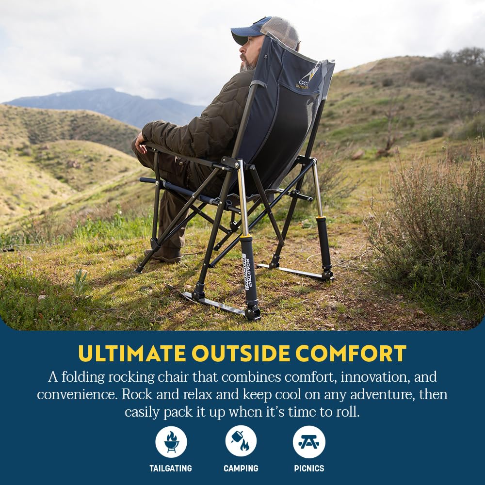 GCI OUTDOOR RoadTrip Rocker Camping Chair - Portable Folding Rocking Chair with Durable Armrests, Cup Holder & Comfortable Backrest for Outdoor Adventures, Beach, Picnics & Tailgating - Indigo Blue