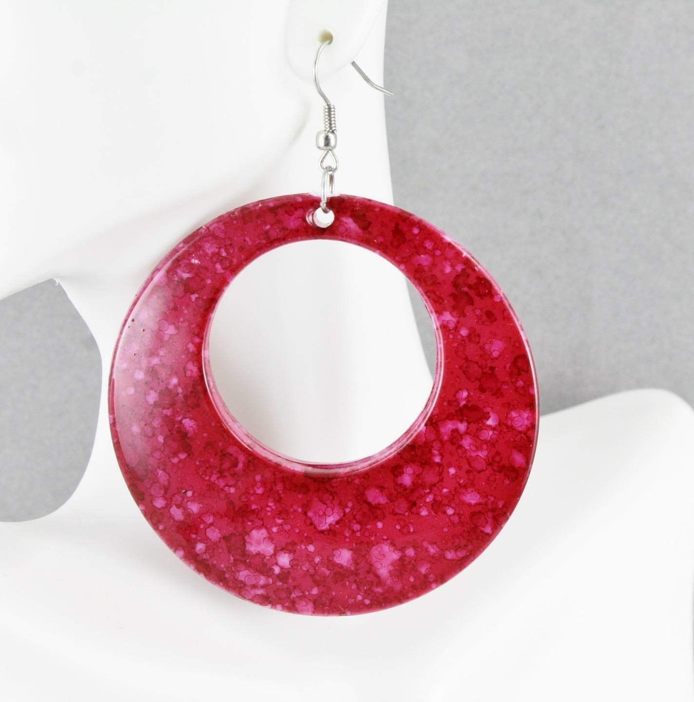 Pink Plastic Dangle Earrings for Women - Marbled Pattern Circle Hoop Earrings Set (3 3/8