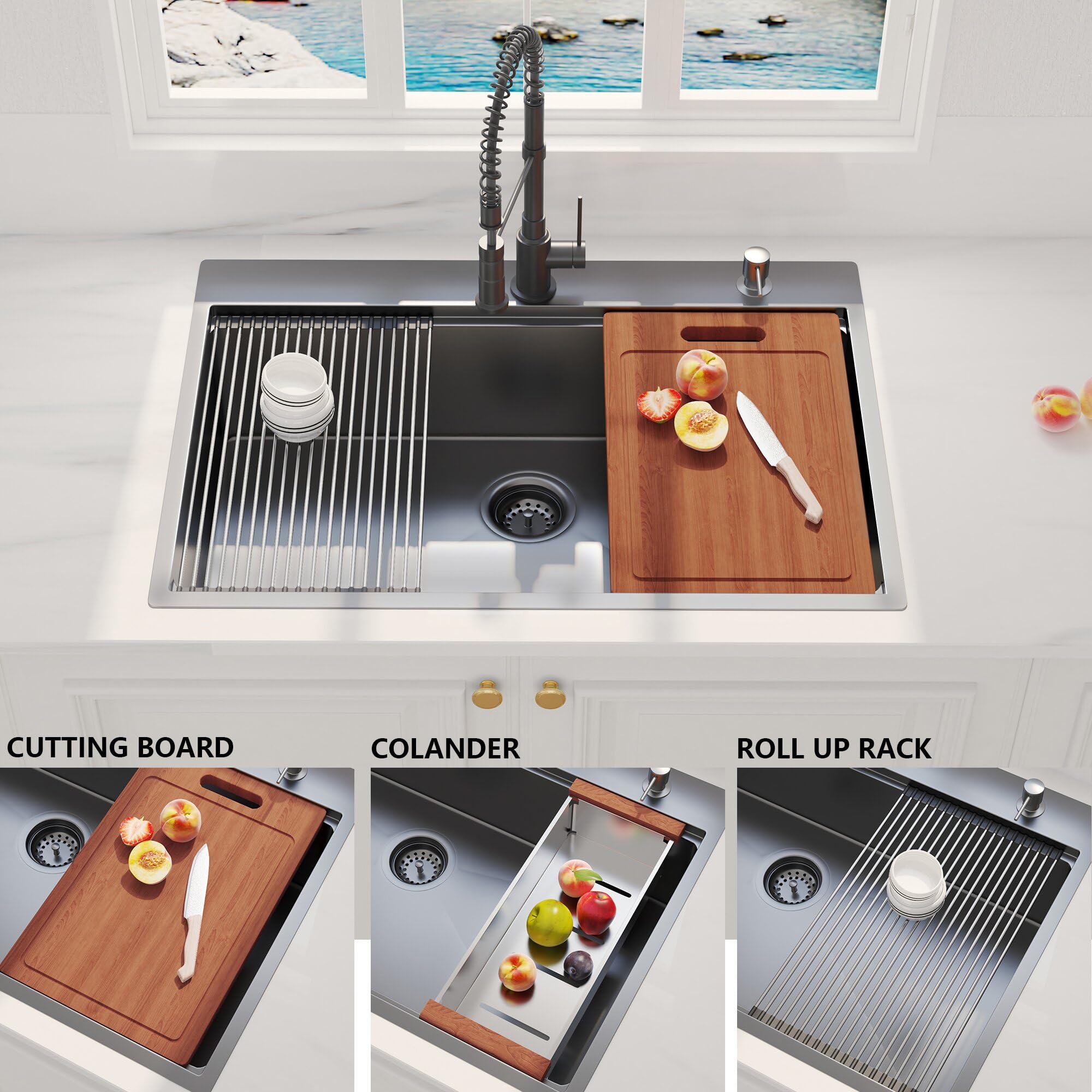 33 Inch Gunmetal Black Drop-in Kitchen Sink - 16 Gauge Stainless Steel Topmount Workstation Sink by HausinLuck - 10 Inch Deep Single Bowl with Ledge & Accessories (5-Pack) - Perfect for Modern Kitchens, Restaurants & Commercial Use