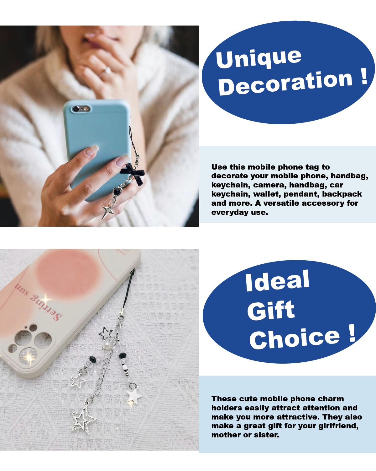 Cute Phone Charms - 2pcs Delicate Pendant Keychain for Cell Phone & Camera Accessories - Perfect for Selfies & Gifts