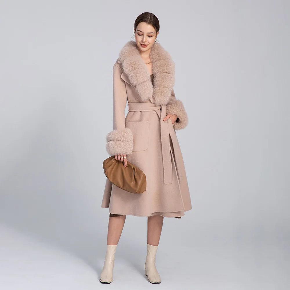 Luxury Women's Long Wool Coat with Detachable Fox Fur Collar - Winter Warm Elegant Trench Coat for Office, Party & Formal Occasions