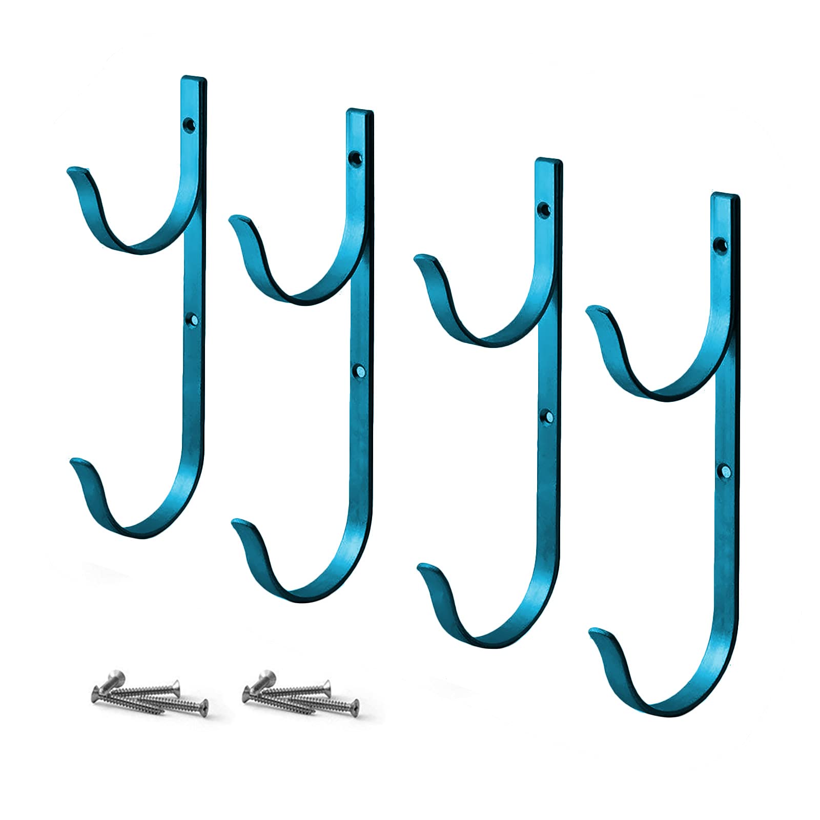 Premium 4-Pack Aluminum Pool Pole Hangers with Screws - Heavy Duty Hook Set for Telescopic Poles, Leaf Skimmers, Brushes & Vacuum Hoses - Durable Blue Garden Tool Organizer (Perfect for Pool Maintenance & Backyard Storage)