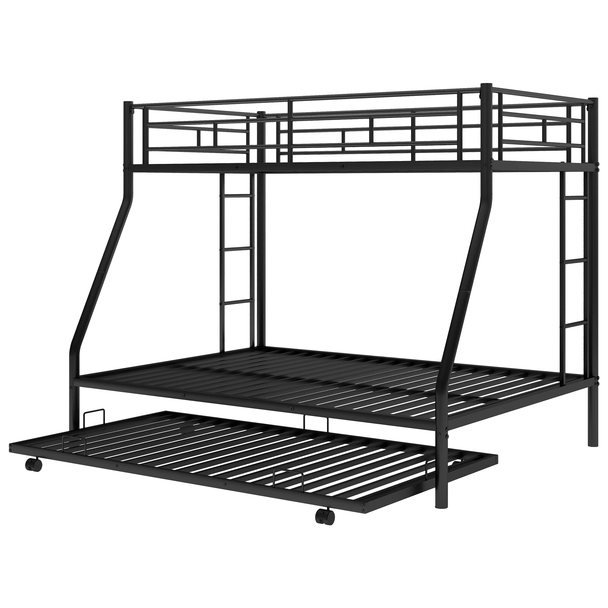 Twin Over Full Bunk Bed with Trundle - Heavy Duty Metal Bunk Bed Frame with 2 Ladders & Guardrail for Kids, Teens & Adults (3 Beds, Black) - Perfect for Small Rooms, Guest Rooms & Vacation Homes