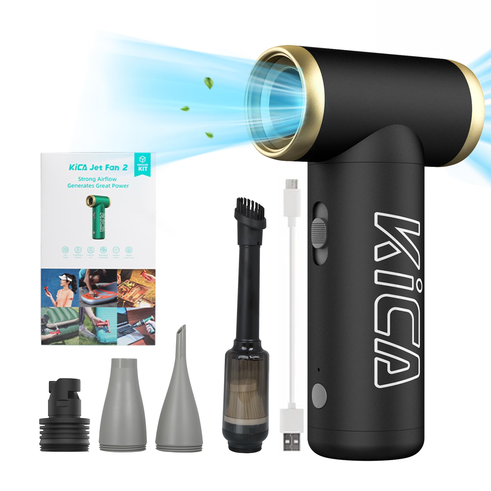KiCA Rechargeable Electric Air Duster & Vacuum Cleaner Kit - 101,000 RPM High-Power Compressed Air Blower for Computer, Keyboard, Car Cleaning | Portable Dust Blower with Metal Shell | Perfect for Electronics, Home, Office & Auto Detailing (Jet Fan 2 Kit, Black)