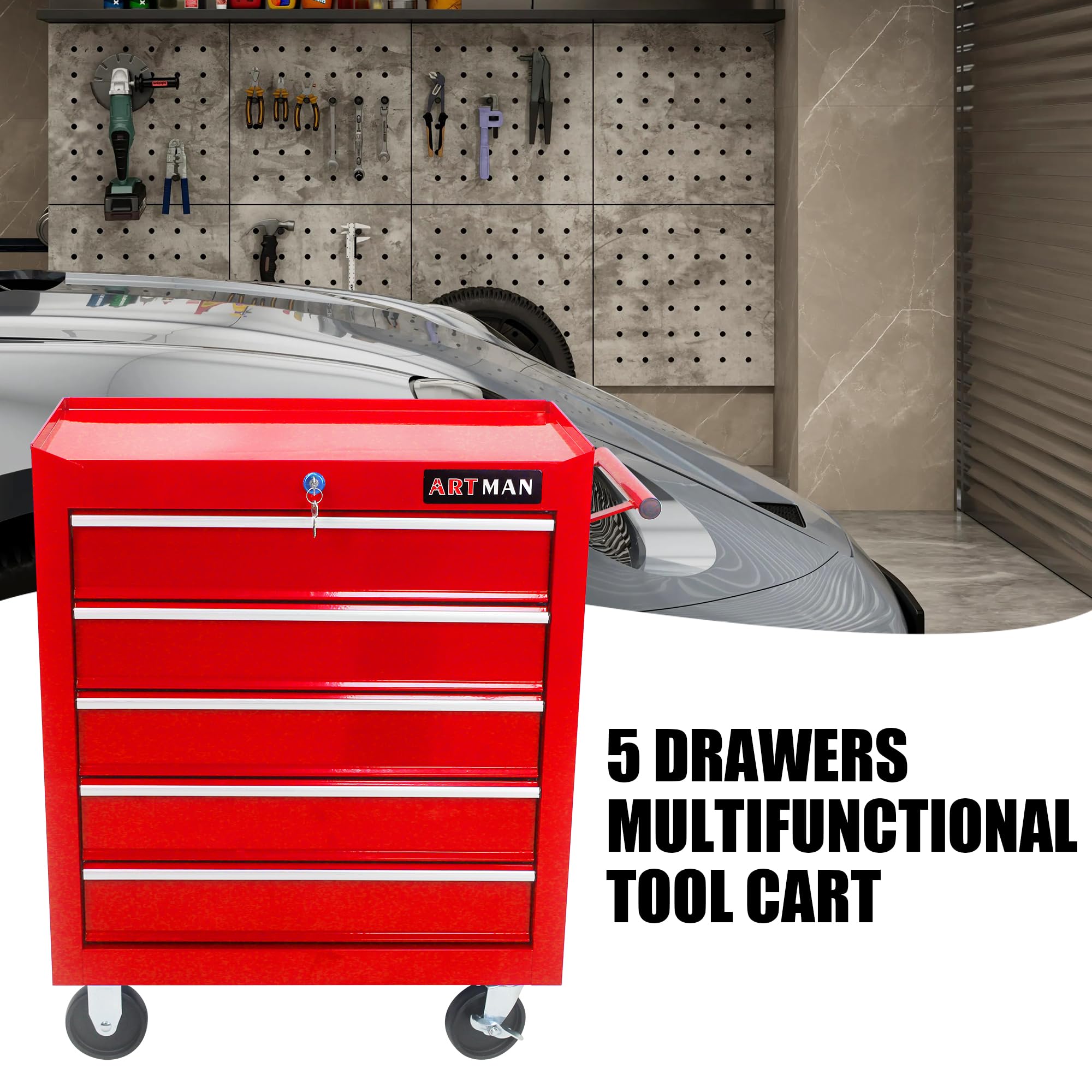 5-Drawer Rolling Tool Cart with Locking System - Heavy Duty Metal Tool Storage Organizer on Wheels - Multifunctional Mechanic Tool Chest for Garage, Workshop & Auto Repair - Red (Perfect for Mechanics, DIY Enthusiasts & Professional Technicians)