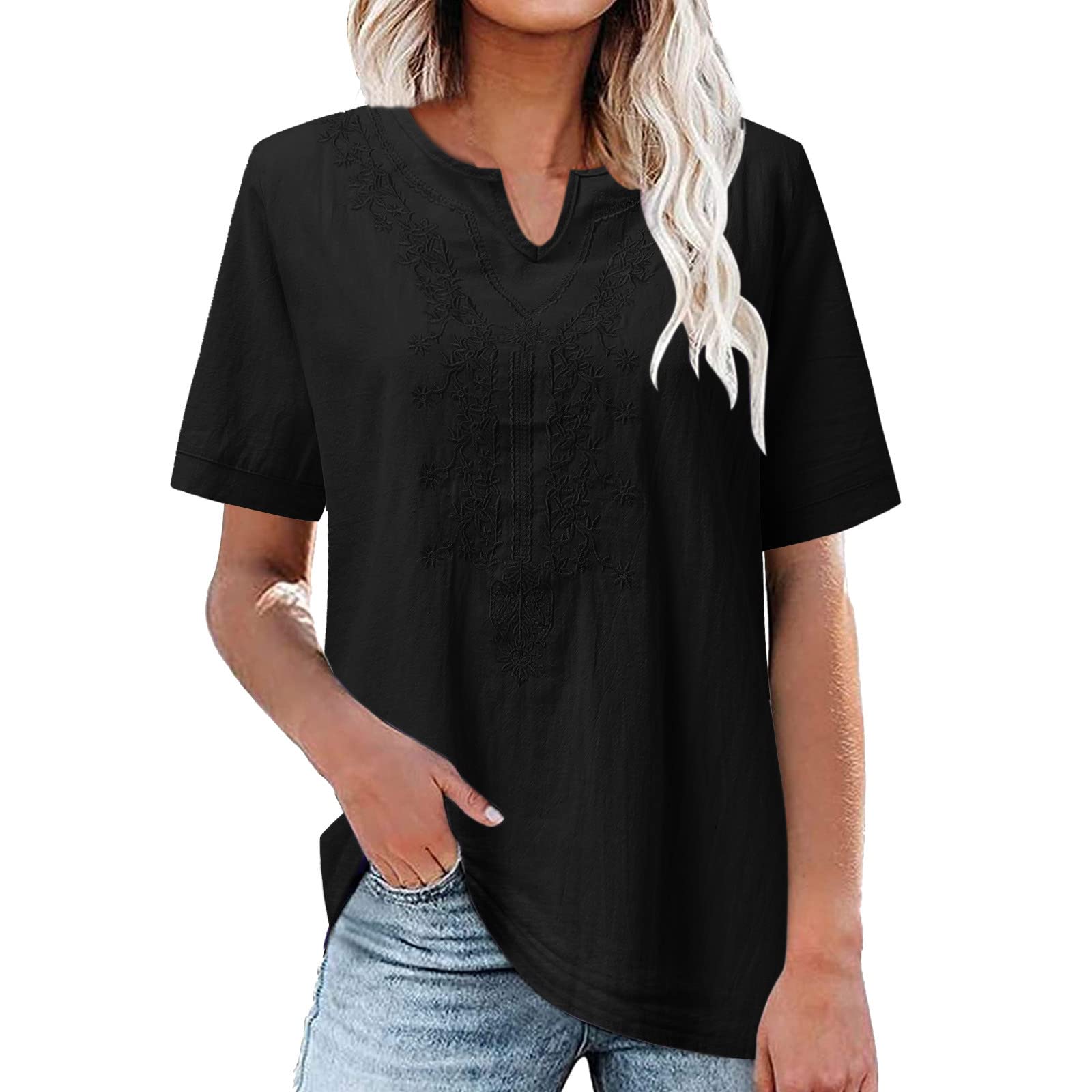 Trendy MOKINGTOP Women's V-Neck T-Shirts - Short Sleeve & Long Sleeve Summer Tops with Pocket - Black X-Large Size - Perfect for Casual Wear, Office Outfits & Weekend Outings
