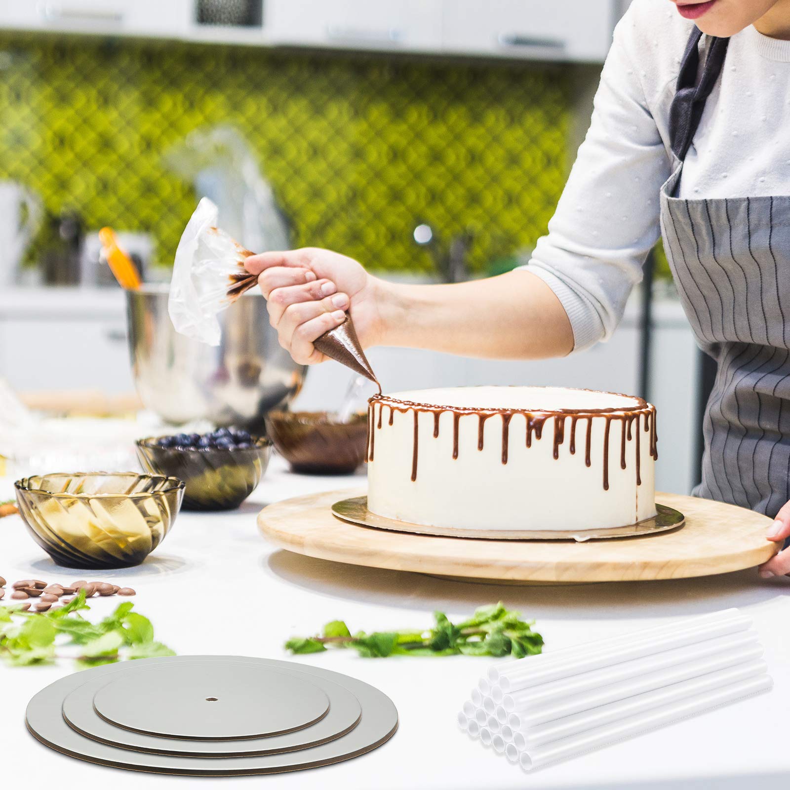 Patelai 89-Piece Cake Tiered Stacking Kit - 10, 8 & 6 Inch Silver Round Cake Boards with Parchment Paper & Plastic Dowel Rods for Wedding, Birthday & Anniversary Cake Decorating Support