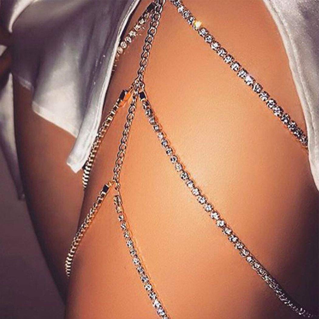 Yienate Boho Leg Chain - Personalized Rhinestone Thigh Chain Body Jewelry for Women (Silver) | Perfect for Music Festivals, Beach Parties & Boho Style Outfits