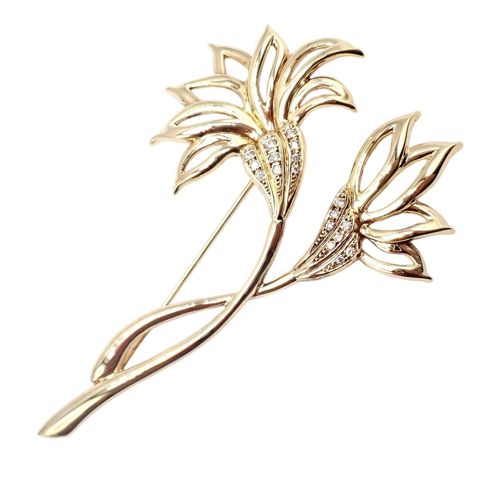 Vintage Mikimoto 18K Yellow Gold Diamond Double Flower Brooch - Rare Collectible Jewelry for Women, Perfect for Special Occasions & Formal Events